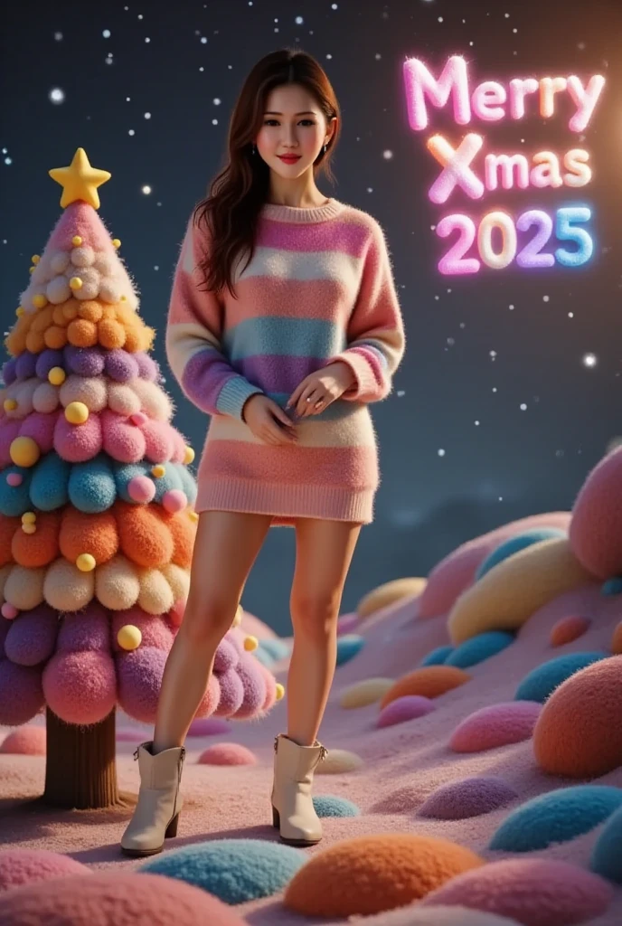 Highly detailed, photorealistic portrait of a joyful woman standing atop a vibrant, multi-colored Christmas tree with a shimmering star. Lisamy wears a warm, striped sweater, crisp white boots, and has luscious, dark hair cascading down. Her beaming smile and sparkling eyes are directed at the camera, tiny white stars, a bold, festive "Merry Xmas & HAPPY NEW YEAR 2025" text shines above the tree, capturing the essence of a magical holiday season.