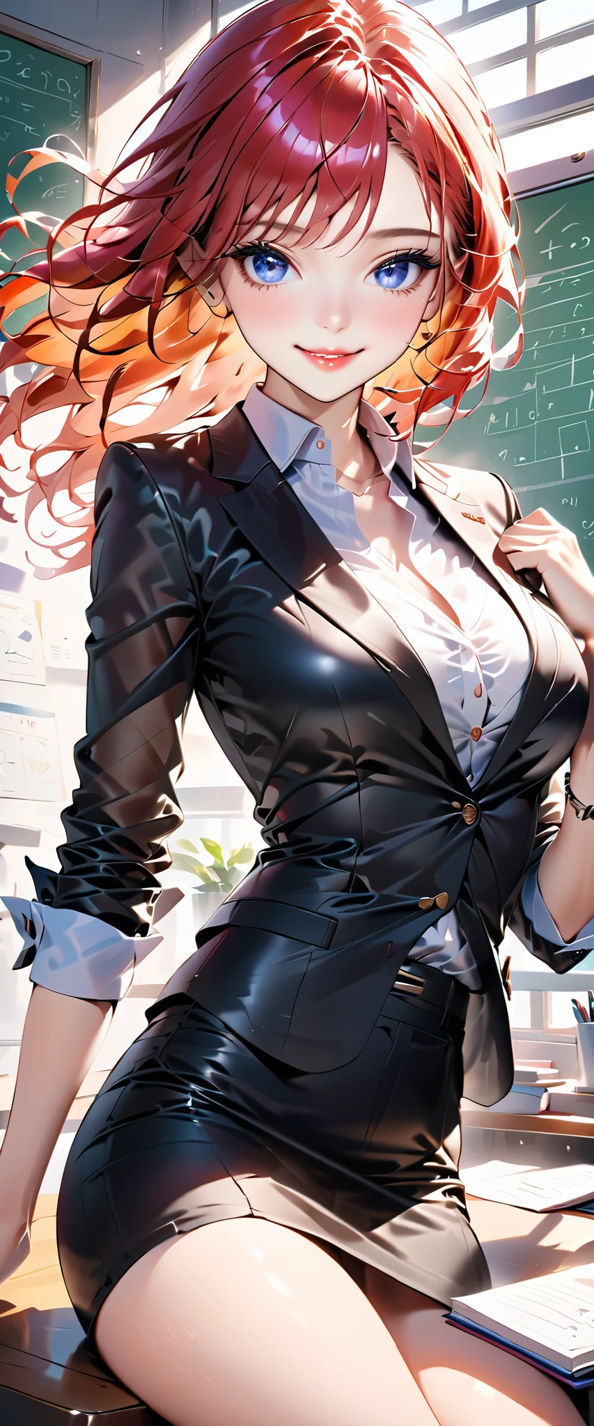 ( for a woman with bristles:1.2,  very detailed , up to date,  vibrant,  super high resolution,  High Contrast , masterpiece:1.2,  for a woman with bristles,  best aesthetics), Beautiful female teacher,  sexy,  business suit,  No Tie,  tight skirt ,  beautiful thighs are visible , Best Body Line,  beautiful detailed eyes in atata, A professional and confident smile,  Detailed Facial Features ,  elegant hairstyle, textbook, Equation Whiteboard, Encouraging words on the wall, A clean and tidy desk, Bonds of Love, Adorable,(Her clothes are see-through and her bra is visible)Wet with water,