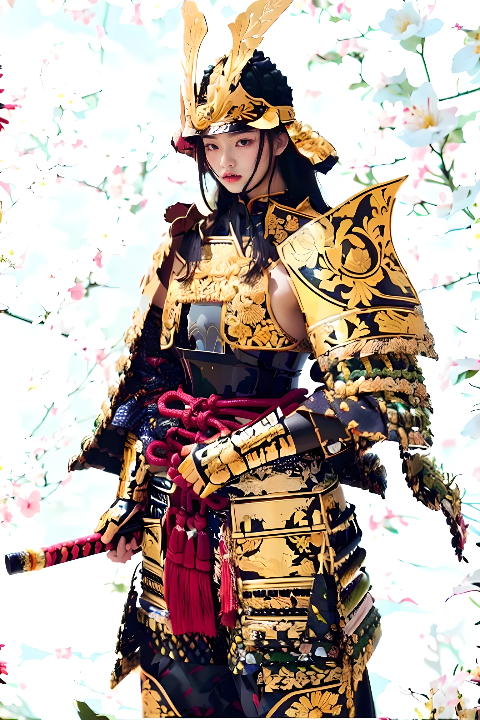 A hyper-realistic, highly detailed, and high-resolution (16k) image of a striking samurai standing confidently, facing forward. The samurai is adorned in a vibrant and colorful Japanese armor (yoroi), with a focus on traditional craftsmanship and contemporary artistic flair. 

Key details include:
- The armor is predominantly made of tightly woven silk threads (縅, odoshi), creating intricate gradients with vivid, pop-inspired colors, transitioning smoothly through shades of red, orange, yellow, green, blue, purple, and pink.
- The kabuto (helmet) is bold and dramatic, with a maedate (Spade shaped, crest) extending twice the size of the samurai's face. The crest features a polished, metallic finish with intricate patterns and a radiant shine.
- Patterns inspired by traditional Japanese motifs, such as cherry blossoms, chrysanthemums, cranes, and waves, are delicately embedded into the armor’s plates and panels, emphasizing the elegance and cultural heritage.
- The armor is highly polished, with a glossy finish that reflects light, enhancing the vibrant colors and creating a sense of depth and luxury.
- The kusazuri (tassets), haidate (thigh guards), and sode (shoulder guards) are adorned with intricate designs, blending traditional Japanese aesthetics with modern pop-art influences.

The background is minimalist and pure white, ensuring the vibrant armor and intricate details remain the focal point. Studio-quality lighting highlights the glossy textures and the shimmering, silk-thread gradients, bringing out the beauty and craftsmanship of the armor. The overall composition exudes a fusion of traditional Japanese elegance, pop art vibrancy, and the modern artistic touch of AI-generated perfection.
