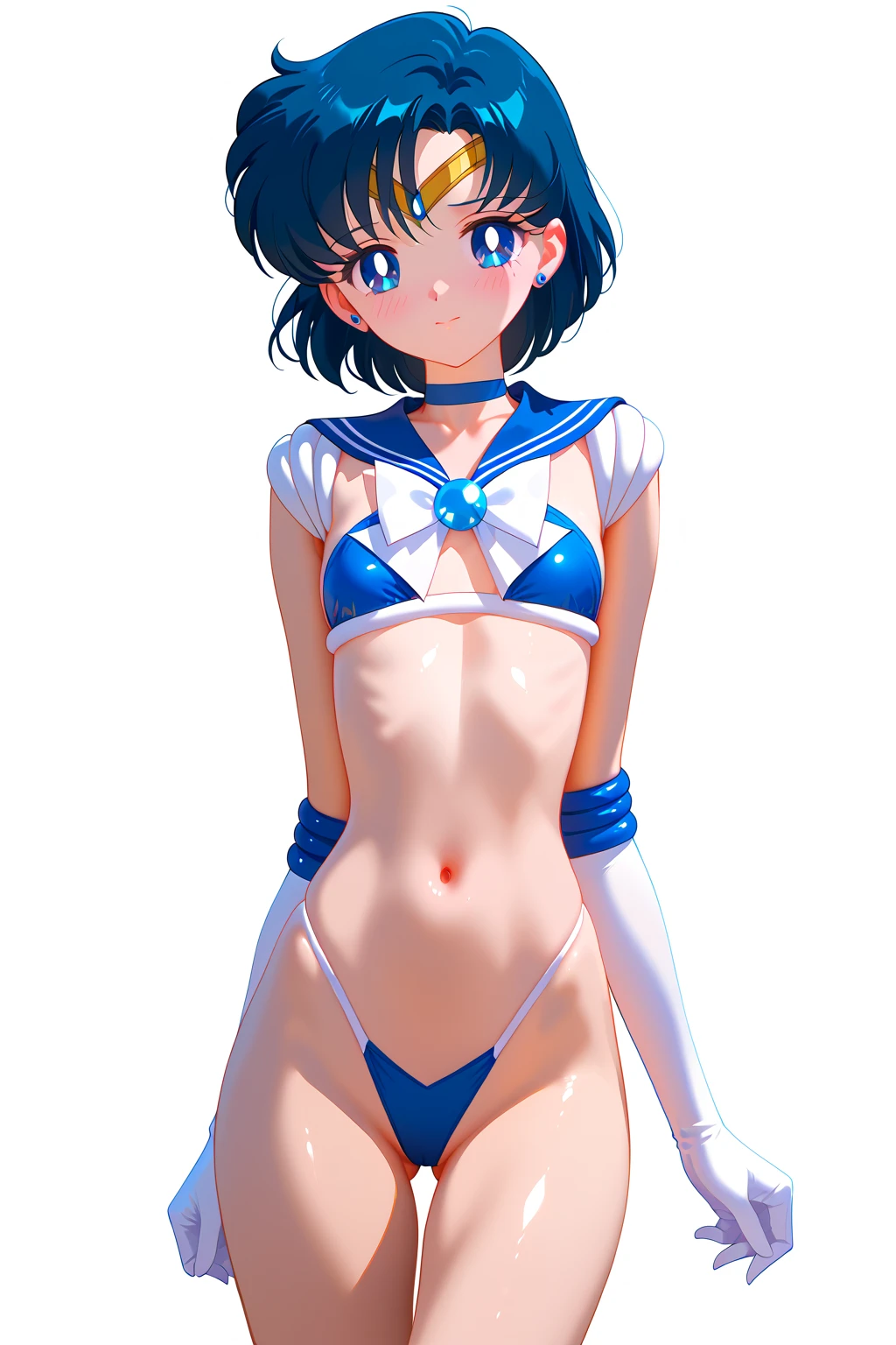   masterpiece  ,    top quality , Sacred art,    It has a detailed face  , Very realistic, cute,   girl、 Sailor Mercury、Mizuno Ami、 1 girl, front、 viewer、Alone, Blue shorthair 、 embarrassed expression 、   ecstasy、Climax、slender 、Super Slender  、  micro bikini、 sailor warrior costume 、  、  smaller breasts、 small tits:1.9、 flat chest 、 small butt、thin、whole body:1.9、Body covered with semen  、 simple background, light blue cyberspace background、 I'm standing with my legs spread out 