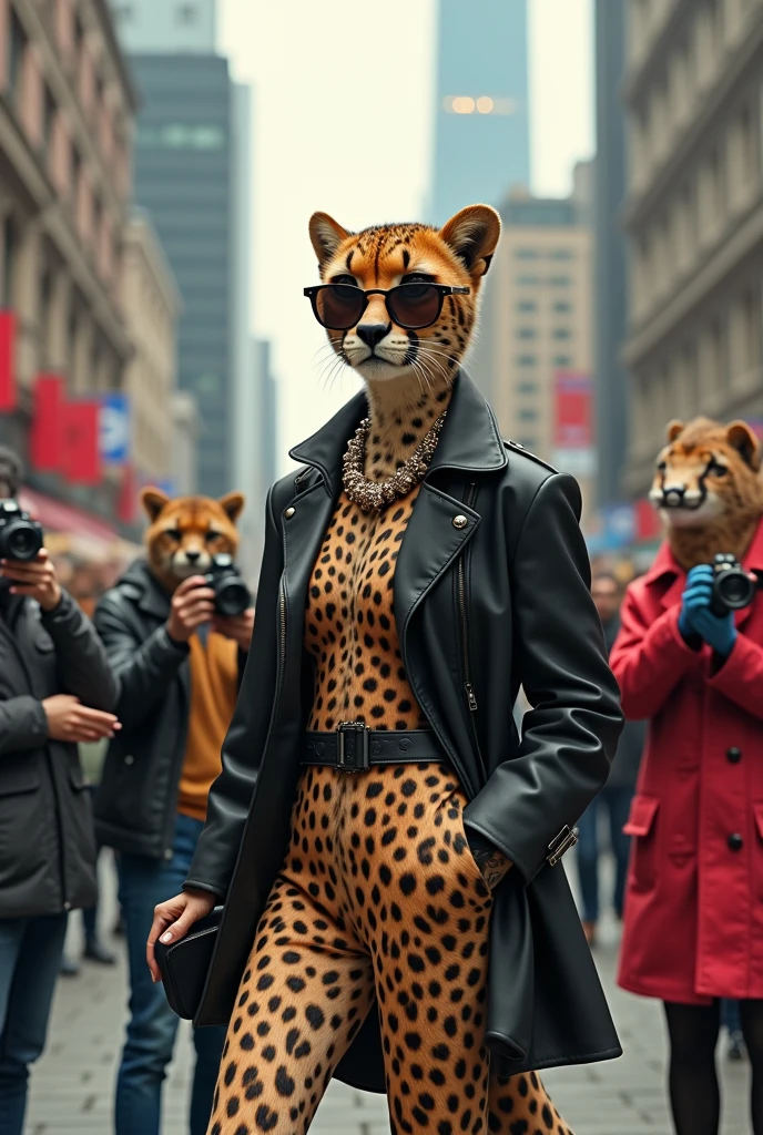 with a sunrise in the background,(Wink:1.5),modern architecture,dystopian theme,blurred background,(cheetah wearing shawl),In the style of Supernatural horror