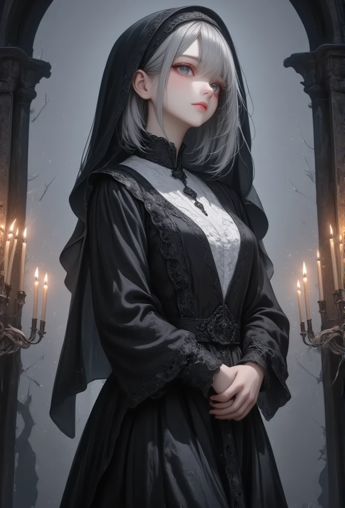 masterpiece, best quality, 8k, highres, ultra-detailed,HDR, UHD, studio lighting, ultra-fine painting, sharp focus, physically-based rendering, extreme detail description, professional, bailing_darkness
,illustration,(low angle), BREAK, 1girl, silver-haired nun, wearing a dark nun outfit with veil, praying with hands clasped, solemn expression, Absurdly beautiful, Look down,look at viewer,BREAK, no windows or stained glass, only light from candles on candelabra, dark and oppressive atmosphere, sense of despair and hopelessness, gothic and eerie vibe, shadows casting across cracked walls,girl focus,