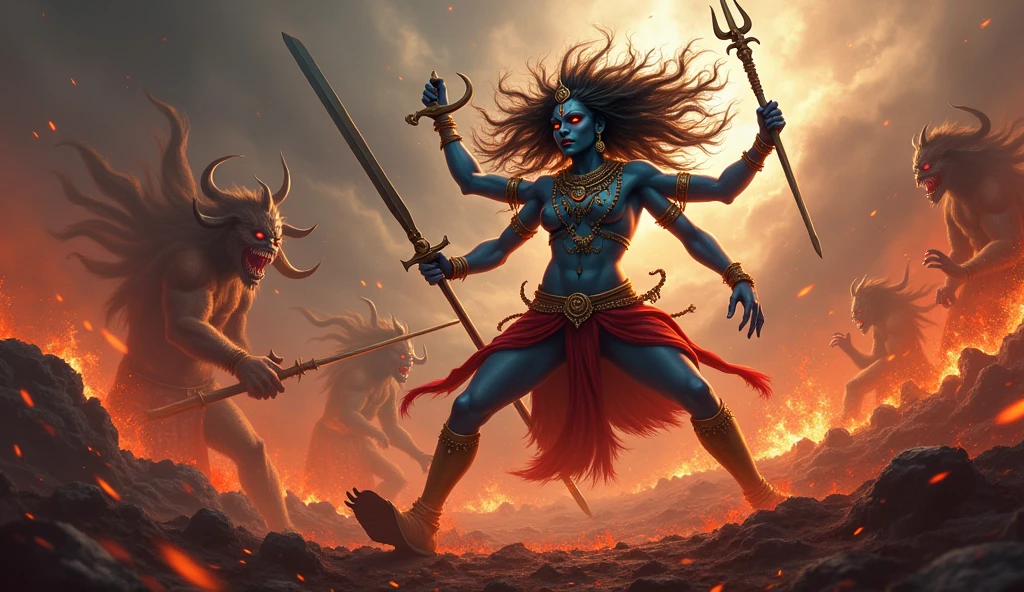 An enraged Lord Shiva is killing the demons