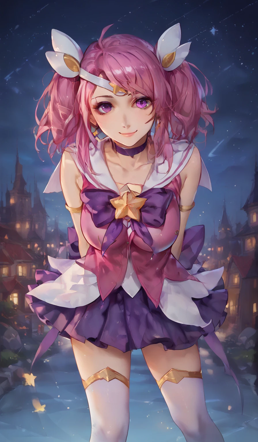 score_9, score_8_up, score_7_up, score_6_up, score_5_up, score_4_up lxstrgrdn, magical girl, tiara, elbow gloves, purple choker, sailor collar, hair ornament, white thighhighs, skirt, smile, night time, night sky, looking at viewer , looking at viewer,((big breasts)), arms behind back, (((leaning forward)))