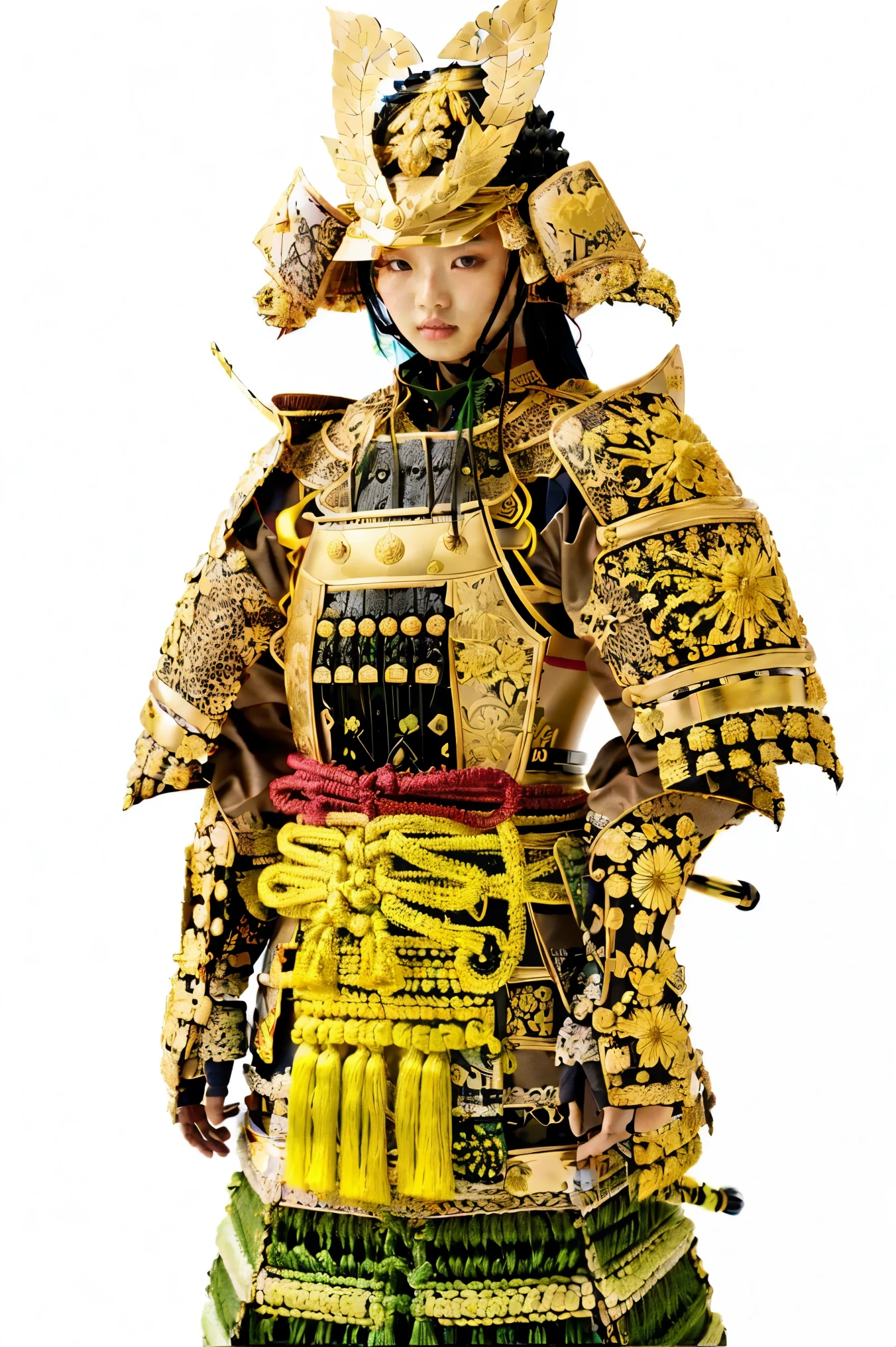 A hyper-realistic, highly detailed, and high-resolution (16k) image of a striking samurai standing confidently, facing forward. The samurai is adorned in a vibrant and colorful Japanese armor (yoroi), with a focus on traditional craftsmanship and contemporary artistic flair. 

Key details include:
- The armor is predominantly made of tightly woven silk threads (縅, odoshi), creating intricate gradients with vivid, pop-inspired colors, transitioning smoothly through shades of red, orange, yellow, green, blue, purple, and pink.
- The kabuto (helmet) is bold and dramatic, with a maedate (Spade shaped, crest) extending twice the size of the samurai's face. The crest features a polished, metallic finish with intricate patterns and a radiant shine.
- Patterns inspired by traditional Japanese motifs, such as cherry blossoms, chrysanthemums, cranes, and waves, are delicately embedded into the armor’s plates and panels, emphasizing the elegance and cultural heritage.
- The armor is highly polished, with a glossy finish that reflects light, enhancing the vibrant colors and creating a sense of depth and luxury.
- The kusazuri (tassets), haidate (thigh guards), and sode (shoulder guards) are adorned with intricate designs, blending traditional Japanese aesthetics with modern pop-art influences.

The background is minimalist and pure white, ensuring the vibrant armor and intricate details remain the focal point. Studio-quality lighting highlights the glossy textures and the shimmering, silk-thread gradients, bringing out the beauty and craftsmanship of the armor. The overall composition exudes a fusion of traditional Japanese elegance, pop art vibrancy, and the modern artistic touch of AI-generated perfection.
