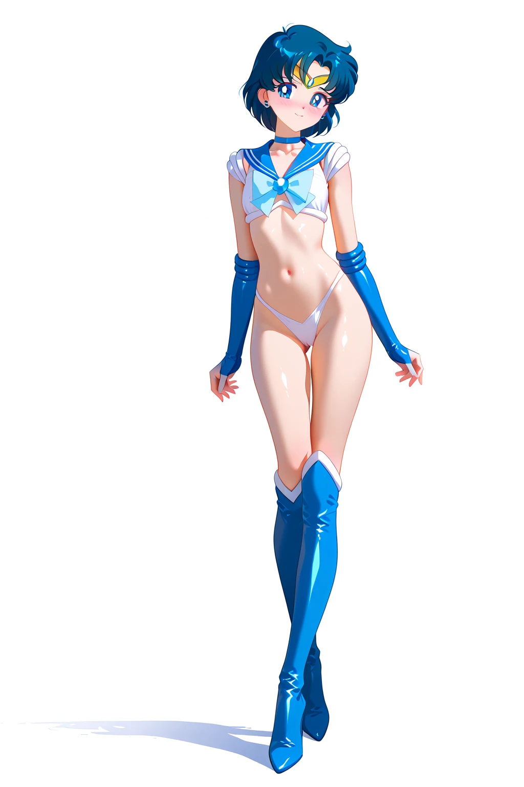   masterpiece  ,    top quality , Sacred art,    It has a detailed face  , Very realistic, cute,   girl、 Sailor Mercury、Mizuno Ami、 1 girl, front、 viewer、Alone, Blue shorthair 、 embarrassed expression 、   ecstasy、Climax、slender 、Super Slender  、  micro bikini、 sailor warrior costume 、blue long boots 、Inner thighs、  、  smaller breasts、 small tits:1.9、 flat chest 、 small butt、thin、whole body:1.9、 simple background, light blue cyberspace background、 I'm standing with my legs spread out 