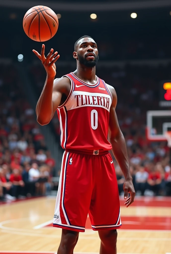 Create a basketball player who has a basketball jersey that is in the NBA and has the finger of the right hand up that the jersey says AYBARDANIEL that is number 7 that is spread out