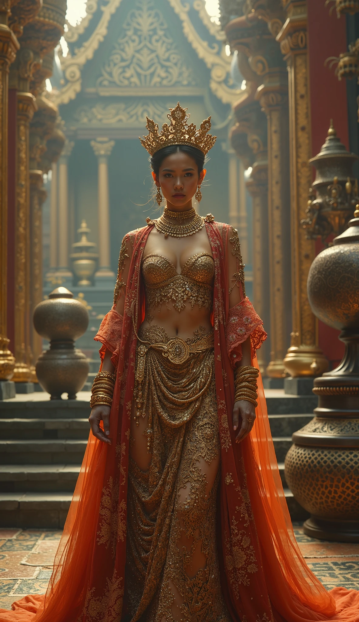 
flux-style, portrait full body female Indonesian princess with slim curvy body, in Indonesian temple in 10th century surronded by servants, Cleavage, painting by jean ingres, Frank Frazetta, Boris Vallejo, Julie Bell, realistic, trending on artstation, featured on pixiv, cinematic composition, extreme detail, metahuman creator

