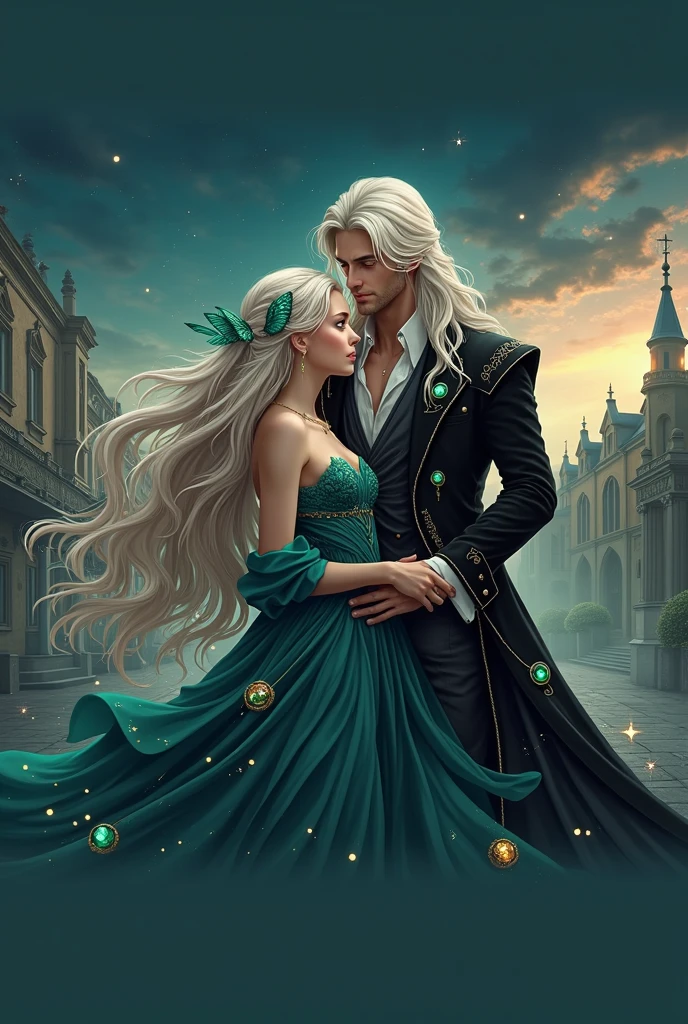 two people in formal wear posing for a photograph, barge and sakimichan, work in Guweiz style, wlop and ross tran, Wlop and Andrey Ryabovichev, neoartcore and Charlie Bowwater, loish and pluch, The Knight and the Princess, loish and ross tran, with white hair