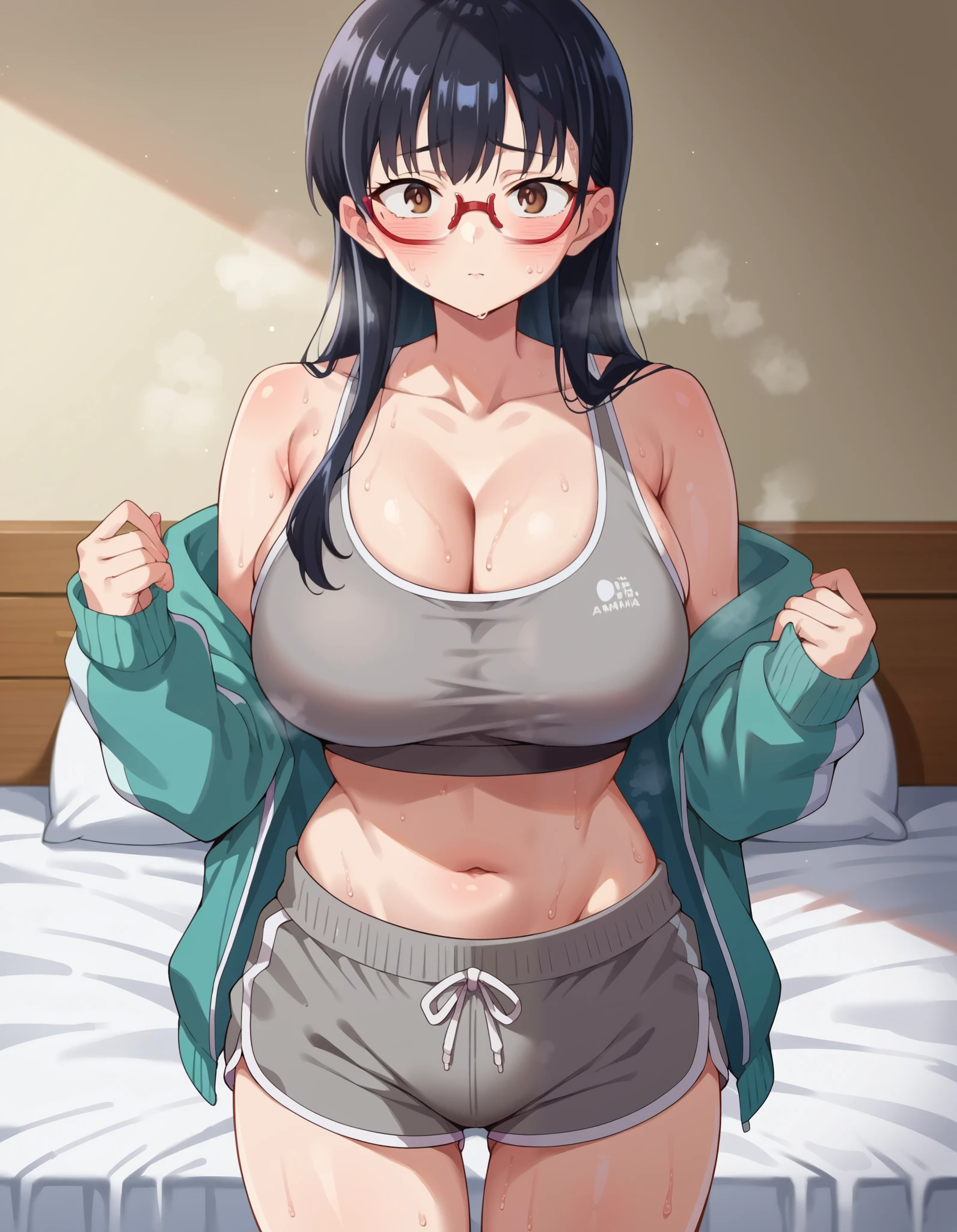 score_9, score_8_up, score_7_up, source_anime, annayamada, anna yamada, 1girl, armpit crease, bed, bare shoulders, black hair, grey shorts, blush, breasts, brown eyes, cleavage, collarbone, cowboy shot, dolphin shorts, glasses, on bed, large breasts, long hair, long sleeves, looking at viewer, navel, short shorts, shorts, solo, sports bra, standing, steaming body, sweat, grey sports bra, red glasses
