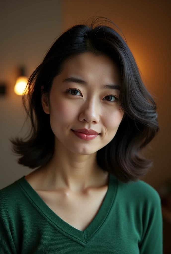 Mature Woman, ( detailed description of hair ), (Detailed description of the face), (Detailed description of the body), high definition , masterpiece,  top quality, ( high detail, formal: 1.4), ( realistic : 1.2, 超 realistic な: 1.1, Realistic: 1.37), ( close-up photo with sharp focus : 1.4),  depth of field,  Physical Base Rendering ,  sadistic, ((medium hair )) ,  unrivaled beauty , (Ultimate beauty), (48 years old,: 1.4), Japanese、(( Closeup :1.5))、 fine lines of laughter :1.2、(moss green border sweater:1.2)),(( blurry background))、