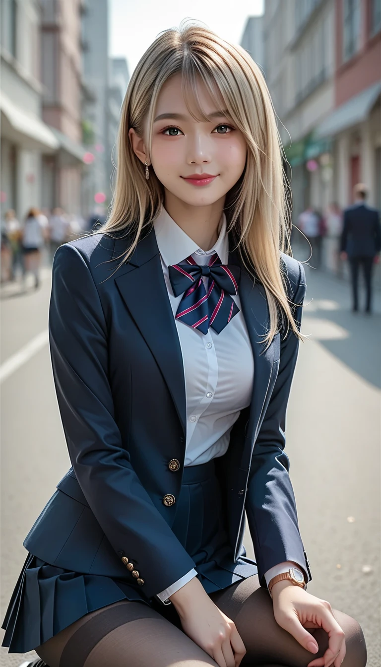   score_9,  score_8_up,  score_7_up, super detailed,  BREAK Complete Anatomy  , 32K,    masterpiece   ,  top quality, super high definition ,  Beautiful Face and Eye Details,  beautiful Japanese woman ,  blonde hair , invalid,smile, steam,   school uniform  ,  blazer,   modern style fitted jacket included,short skirt and tights,  With his hands on his back , Big Breasts ,  slouching forward ,From a viewpoint,  watches viewers,town