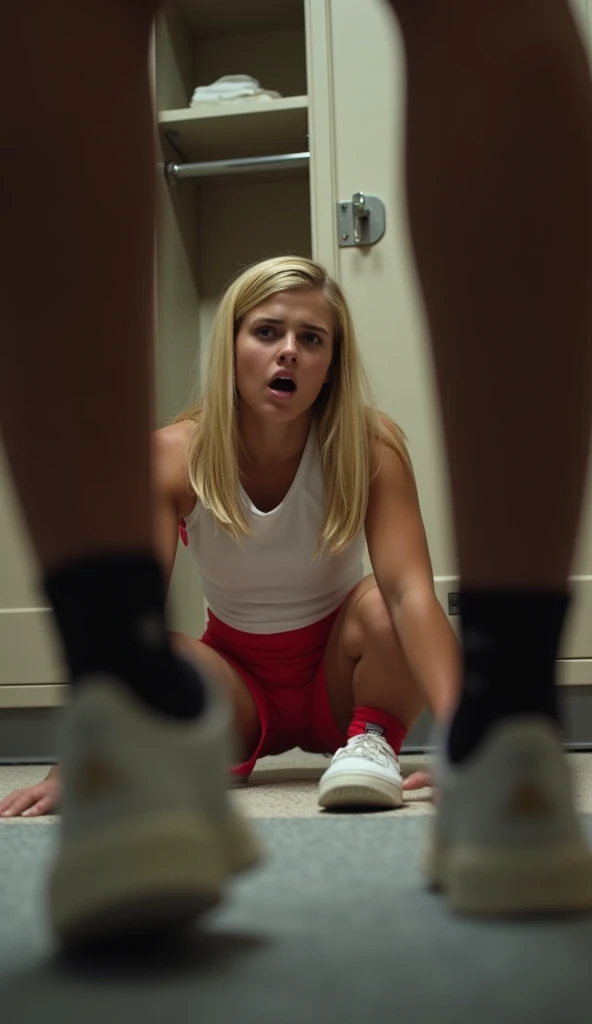  shooting a man's crotch ， shooting the locker room in the back ， on the ground camera ， a 16-year-old woman in a white cheerleading uniform，Looks like the captain of the US NBA cheerleader，Faithe Herman。 blonde hair，Seated head-on against a closet ，Wearing a red cheerleader uniform ，Sitting on the ground in horror and looking at the camera，In the foreground of the picture, there is a blurred foreground with a pair of feet wearing shoes