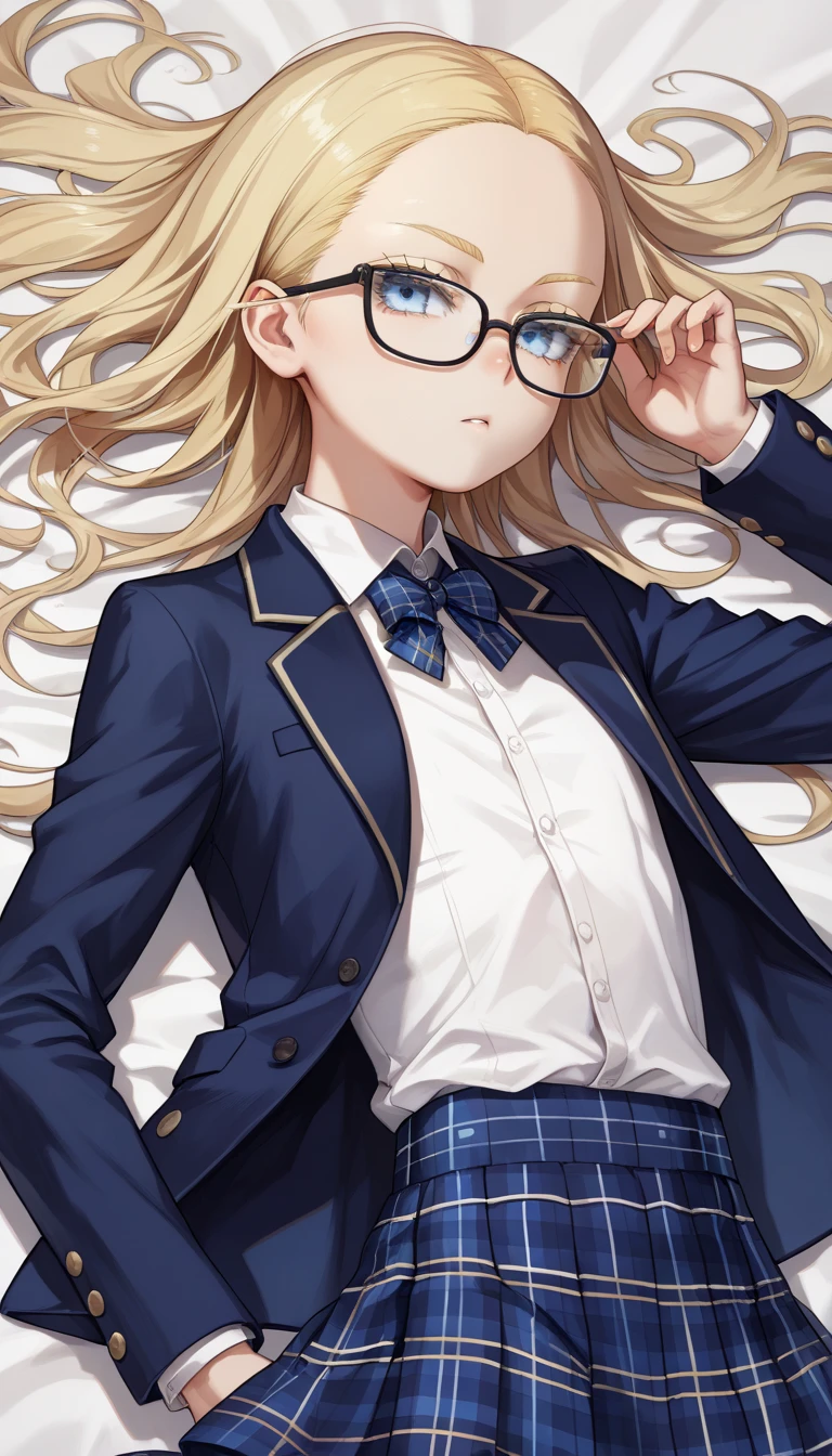 score_9, score_8_up, score_7_up,quality_masterpiece, quality_best,rating_safe,source_anime,BREAK,
skinny,flat chested,(forehead,all back hair,short hair:1.3),blonde hair,(blue eyes),(black nodoka glasses),thin eyebrows, false eyelashes,BREAK,
 ((dark blue blazer, tartan check skirt)),
hands on hips,standing, legs apart,half-smile