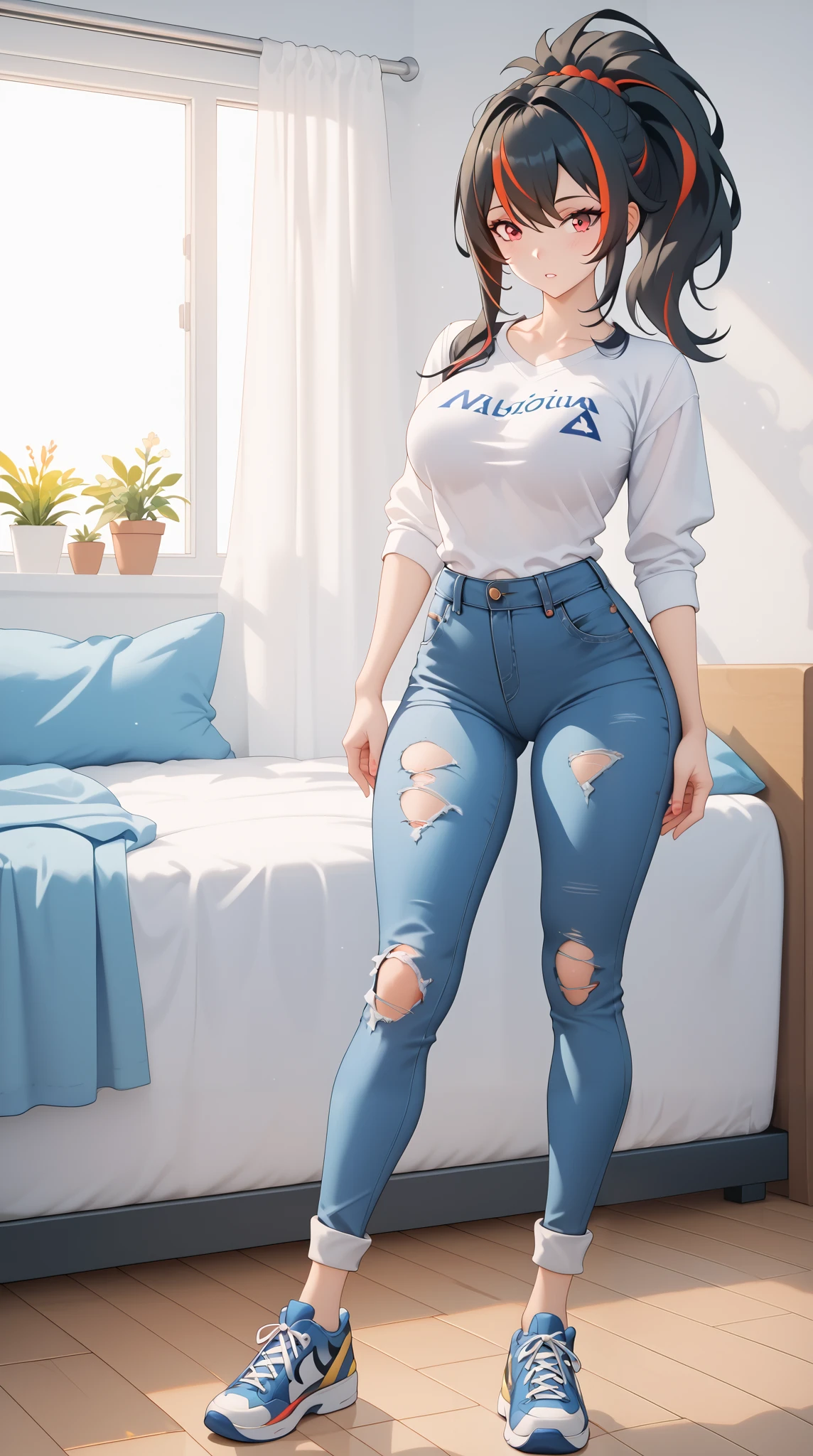 best quality, masterpiece, highres, 1girl,zhu yuan,((fullbody)),stand up,(( slim body)),long legs,large breasts,ponytail streaked hair,white tshirt,ripped short jeans,looking at viewers,front look,(high detailed skin:1.2), 8k uhd, dslr, soft lighting, high quality, Photograph, high resolution, 4k, 8k, Bokeh, plain white background,bed room