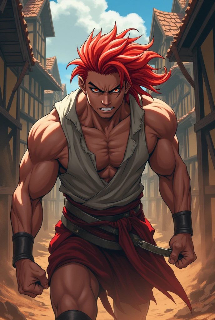 there is a 35 year old man shirtless, big muscles, short red hair and wearing white tribal baggy pants and with a three-bladed spear in his hands he is from above looking at a modern city he is serious and perplexed anime style man lost with a red cape on head standing on a ledge, handsome prince full body tribal tattoos