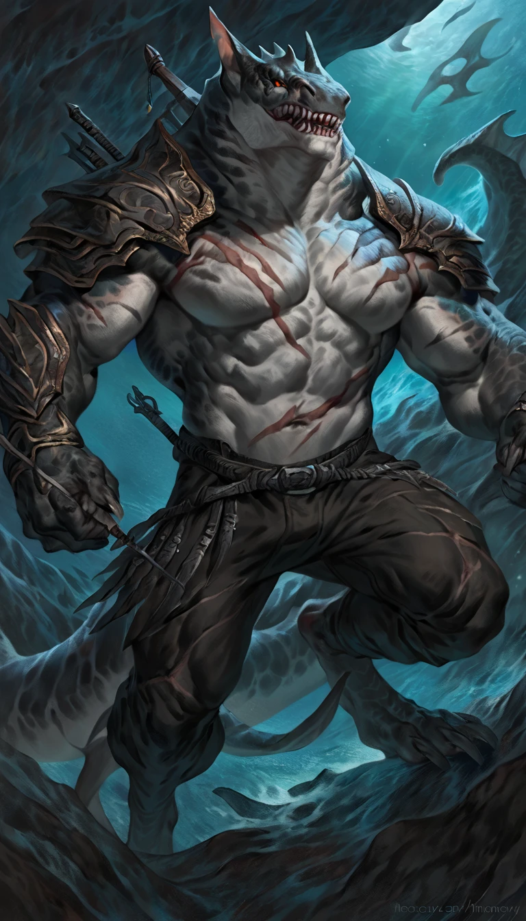 Muscular anthro shark, solo, monster, strong, scars on body, 1male solo, demonic armor, symbiote, muscular, small waist, thick tail, thick scales on the shoulders, marked detailed jaws, open jaws big pecs, pants, full body, comicbook style, best quality, 4k, ultra-detailed, by laobai, by taran fiddler, by honovy, by null-ghost, by thebigslick, underwater scenery, night, darkness