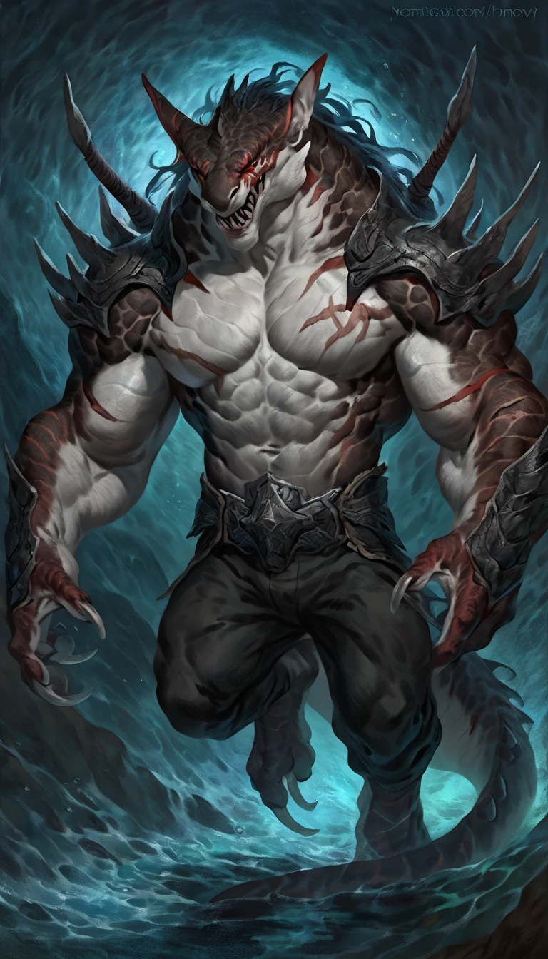 Muscular anthro shark, solo, monster, strong, scars on body, 1male solo, demonic armor, symbiote, muscular, small waist, thick tail, thick scales on the shoulders, marked detailed jaws, open jaws big pecs, pants, full body, comicbook style, best quality, 4k, ultra-detailed, by laobai, by taran fiddler, by honovy, by null-ghost, by thebigslick, underwater scenery, night, darkness