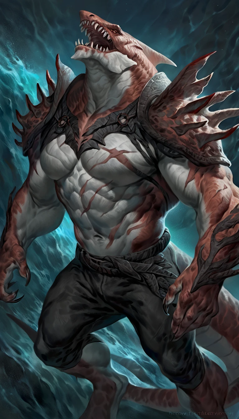 Muscular anthro shark, solo, monster, strong, scars on body, 1male solo, demonic armor, symbiote, muscular, small waist, thick tail, thick scales on the shoulders, marked detailed jaws, open jaws big pecs, pants, full body, comicbook style, best quality, 4k, ultra-detailed, by laobai, by taran fiddler, by honovy, by null-ghost, by thebigslick, underwater scenery, night, darkness