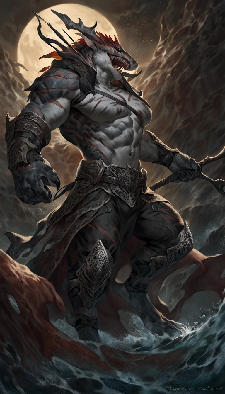 Muscular anthro shark, solo, monster, strong, scars on body, 1male solo, demonic armor, symbiote, muscular, small waist, thick tail, thick scales on the shoulders, marked detailed jaws, open jaws big pecs, pants, full body, comicbook style, best quality, 4k, ultra-detailed, by laobai, by taran fiddler, by honovy, by null-ghost, by thebigslick, underwater scenery, night, darkness