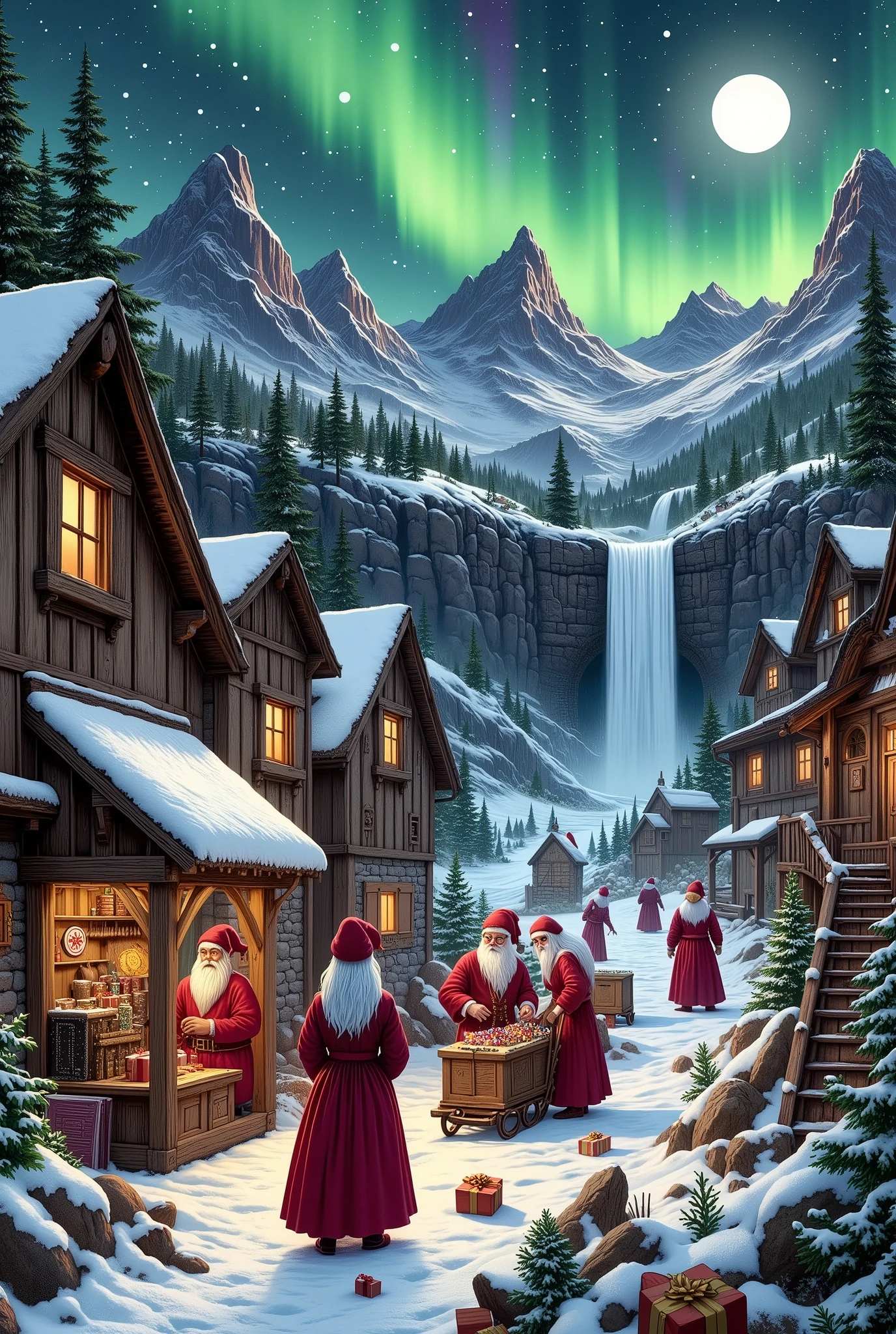 (Ultra-detailed face, Looking away, Fantasy Illustration with Gothic, Rich tone colors.), BREAK 
(This is the village of Santa Claus in a fantasy world. A very cold coniferous forest is near the village, a small waterfall is on a mountainside a short distance away, and a waterwheel can be seen near a stream. In the village of Santa Claus, many Santa Clauses are loading Christmas presents on reindeer-drawn sleds. One Santa Claus is about to load a large present on a wooden crane into his sleigh. In the toy workshop, Santa Claus is making toys. Nearby, boxes filled with toys are scattered about. A cartoon speech bubble is drawn on the screen and says, “Hurry up! Time is running out!” is written on the screen.), BREAK 
The Santa Clauses of Santa Claus Village wear red hats of various designs and red Santa suits. Women wear red Santa dresses. They all wear red fluffy boots.), BREAK 
(The village of Santa Claus at night when the pale moon shines, the green aurora shimmers like a curtain, and shooting stars twinkle. The villagers are busy working in daring poses, making Christmas presents and loading them onto sleds. The perspective is looking down from above at the beautiful snowy landscape with a few snowflakes falling here and there. It is like a panorama.)