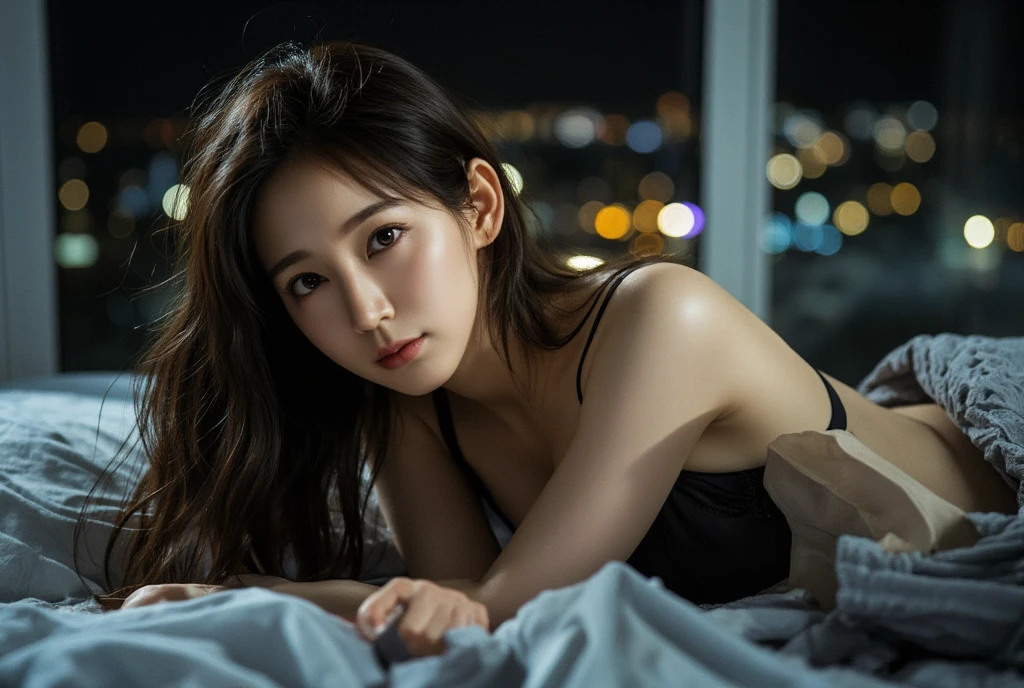 (Highest quality、In 8K、masterpiece))Beautiful Japan, Long legs, Long eyelashes, Sharp focus, Beautiful woman with perfect figure, thin , whole body,belly button,Beautiful feet ,(Pay attention to more than the thighs),((Black-haired、Huge ,Red lipstick,)), (good、tight skinny jeans 、Low rise), (Random sexy poses:1.3), ((Night city view、Room by the window、Lying in bed)), Highly detailed face and skin texture, Beautiful and exquisite, double eyelid、Arms crossed、5Proper hands with fingers、Beautiful Fingers Information