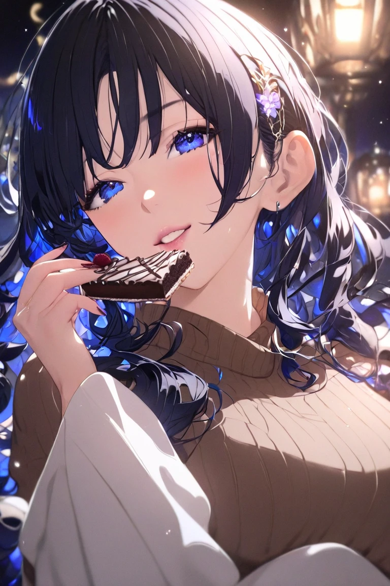 Anime Style, Beautifully detailed、High resolution portrait masterpiece of a girl  。, Shiny black hair and captivating Midnight blue eyes,She has a gorgeous smile that accentuates her perfectly shaped breasts,Glossy lips,Glowing Skin, looks at me,blush,milf,Full body,Brown sweater, white pants, happily eating chocolate cake.