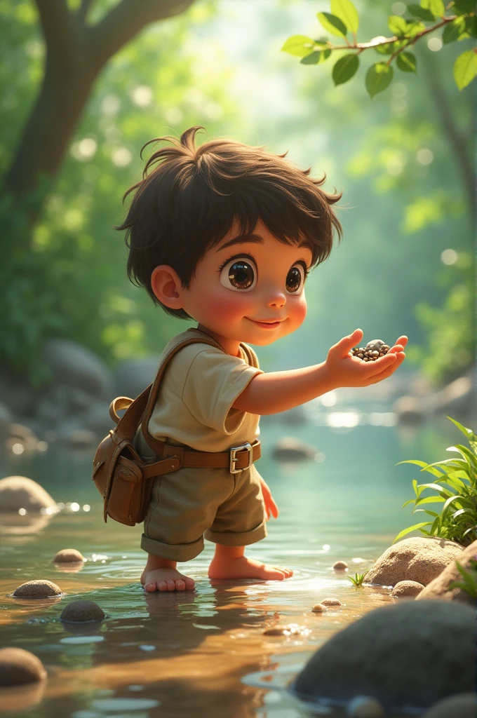 a boy with black hair, black eyes, wearing a blue shirt and white shorts and white sneakers with a toy in his hand, singing the song as the rock opens and the Crystal is released.
