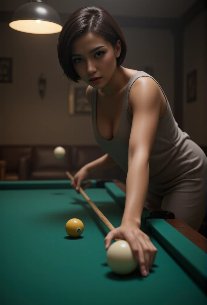 a beautiful Indonesian woman, short hair, wearing a loose singlet, is playing billiards, aiming a ball with stick, shot from front. Look at the viewer,  the room was dark and smoky. 