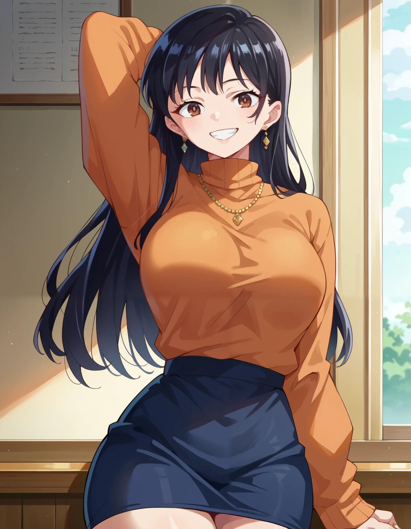 score_9, score_8_up, score_7_up, source_anime, annayamada, anna yamada, 1girl, arm behind head, black hair, breasts, brown eyes, earrings, grin, jewelry, large breasts, long hair, necklace, skirt, smile, solo, thighs, turtleneck 