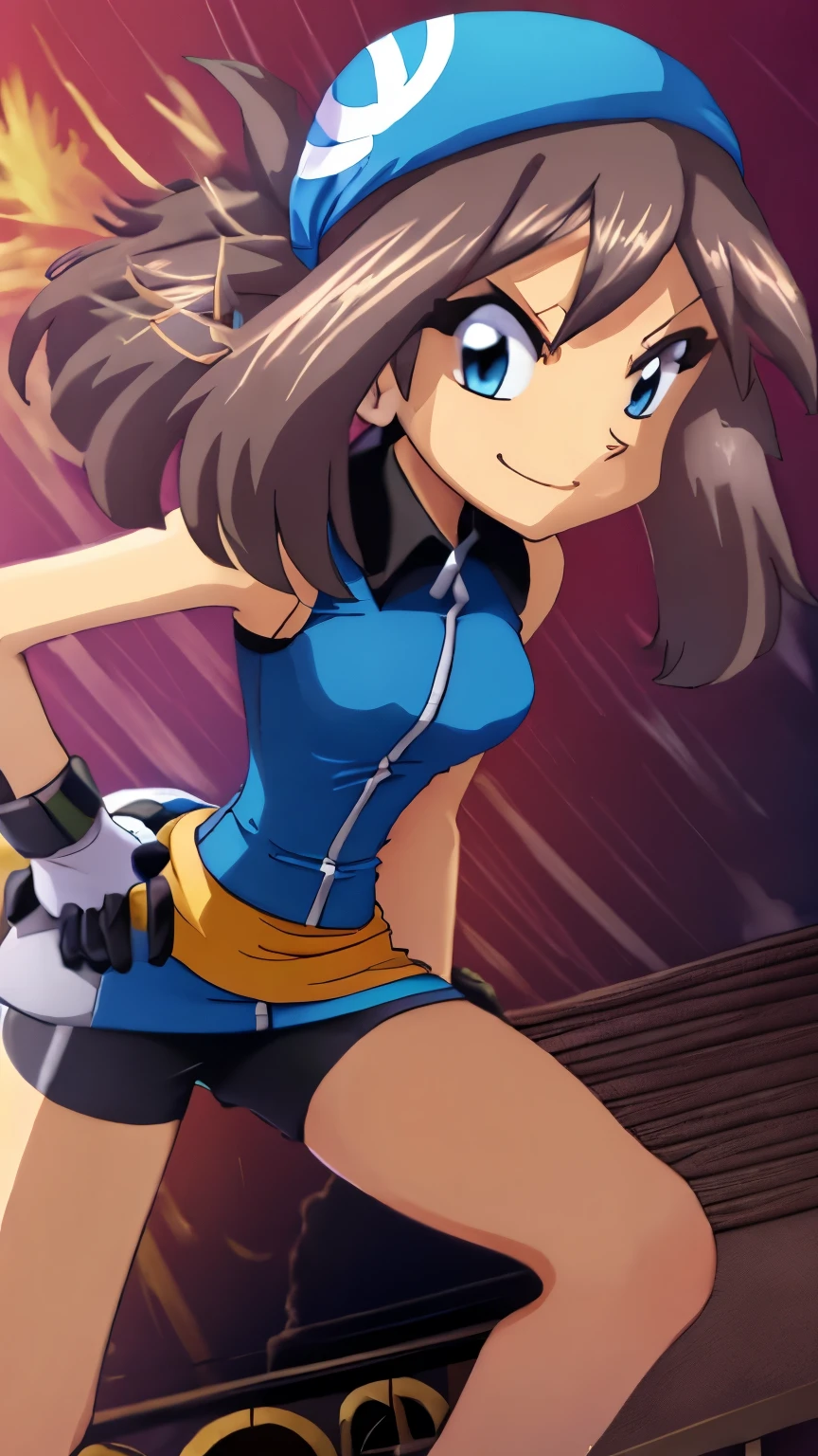  brown hair ,  blue eyes, blue bandana , blue sleeveless collar shirt,  bike shorts that are close to face,  black high socks, Blue shoes, White gloves, Ample breasts,  Tall,  watches viewers, 1 Female, Age 18,  standing, whole body, Place one hand on hip,  slim figure,  sexy smile,  seductive smile,  Detailed Background ,  top quality,  masterpiece , Outdoor, town, building,  break 1 girl , Alone, (\ Pokemon\),