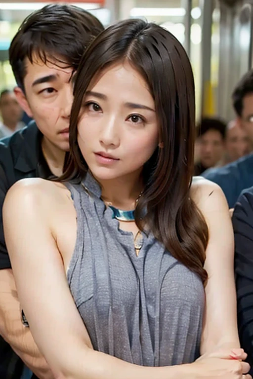  top quality、  super high resolution、(Summer clothes)、  flat chested、 small breasts、 Beautiful breasts 、  beautiful expression  、  beautiful face、    beautiful eyes   、  young woman、Subway car interior background、  in a crowded train、(  There are a lot of men on the train. ..、  molestation by a man on a train )、( An old woman standing behind a woman  、Old man grabs woman、   touch it from the front   、:1.2、3 males、 1 female 、 With men、  torn clothes)、Expressions of fear、balance、Mr.々 hands touch women 、Touched by many hands、 viewers extend their right hand 、  The man has a vulgar look . short ponytail 、、Men hugging each other、(From the upper body:1.2)  anatomically correct , 