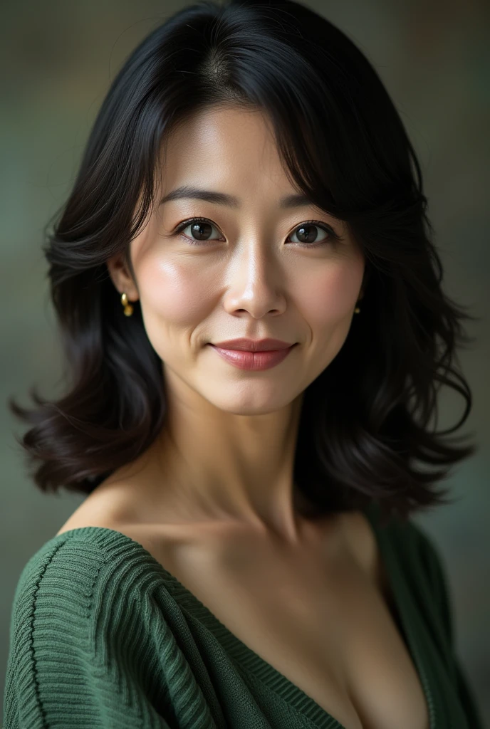 Mature Woman, ( detailed description of hair ), (Detailed description of the face), (Detailed description of the body), high definition , masterpiece,  top quality, ( high detail, formal: 1.4), ( realistic : 1.2, 超 realistic な: 1.1, Realistic: 1.37), ( close-up photo with sharp focus : 1.4),  depth of field,  Physical Base Rendering ,  sadistic, ((medium hair )) ,  unrivaled beauty , (Ultimate beauty), (48 years old,: 1.4), Japanese、(( Closeup :1.5))、 fine lines of laughter :1.2、(moss green border sweater:1.2)),(( blurry background))、