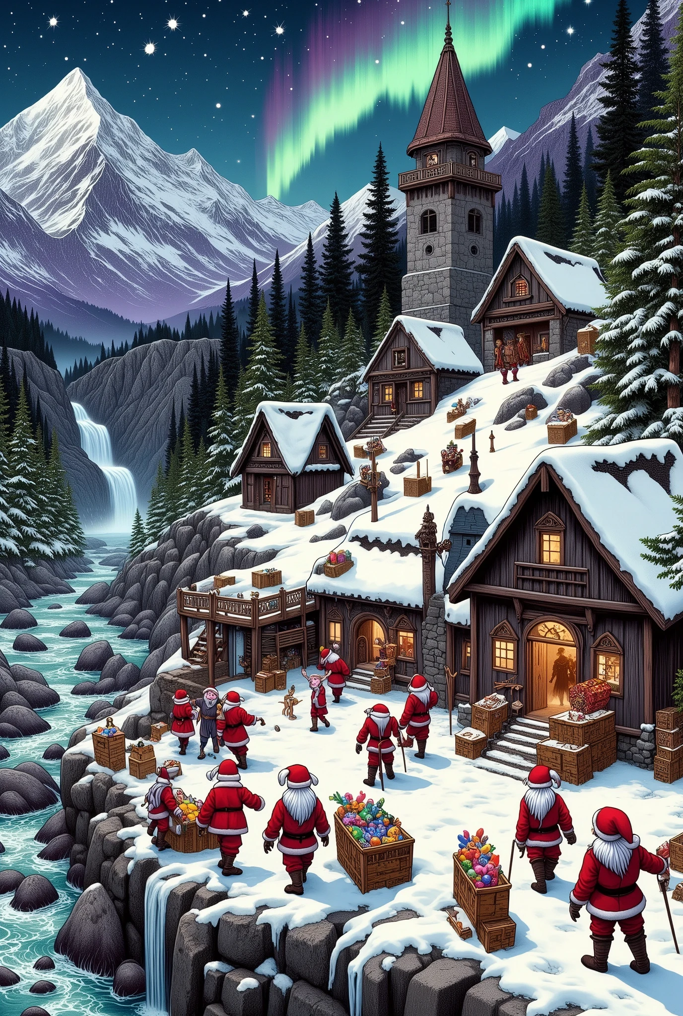 (Ultra-detailed face, Looking away, Fantasy Illustration with Gothic, Rich tone colors.), BREAK 
(This is the village of Santa Claus in a fantasy world. A very cold coniferous forest is near the village, a small waterfall is on a mountainside a short distance away, and a waterwheel can be seen near a stream. In the village of Santa Claus, many Santa Clauses are loading Christmas presents on reindeer-drawn sleds. One Santa Claus is about to load a large present on a wooden crane into his sleigh. In the toy workshop, Santa Claus is making toys. Nearby, boxes filled with toys are scattered about. A cartoon speech bubble is drawn on the screen and says, “Hurry up! Time is running out!” is written on the screen.), BREAK 
The Santa Clauses of Santa Claus Village wear red hats of various designs and red Santa suits. Women wear red Santa dresses. They all wear red fluffy boots.), BREAK 
(The village of Santa Claus at night when the pale moon shines, the green aurora shimmers like a curtain, and shooting stars twinkle. The villagers are busy working in daring poses, making Christmas presents and loading them onto sleds. The perspective is looking down from above at the beautiful snowy landscape with a few snowflakes falling here and there. It is like a panorama.)