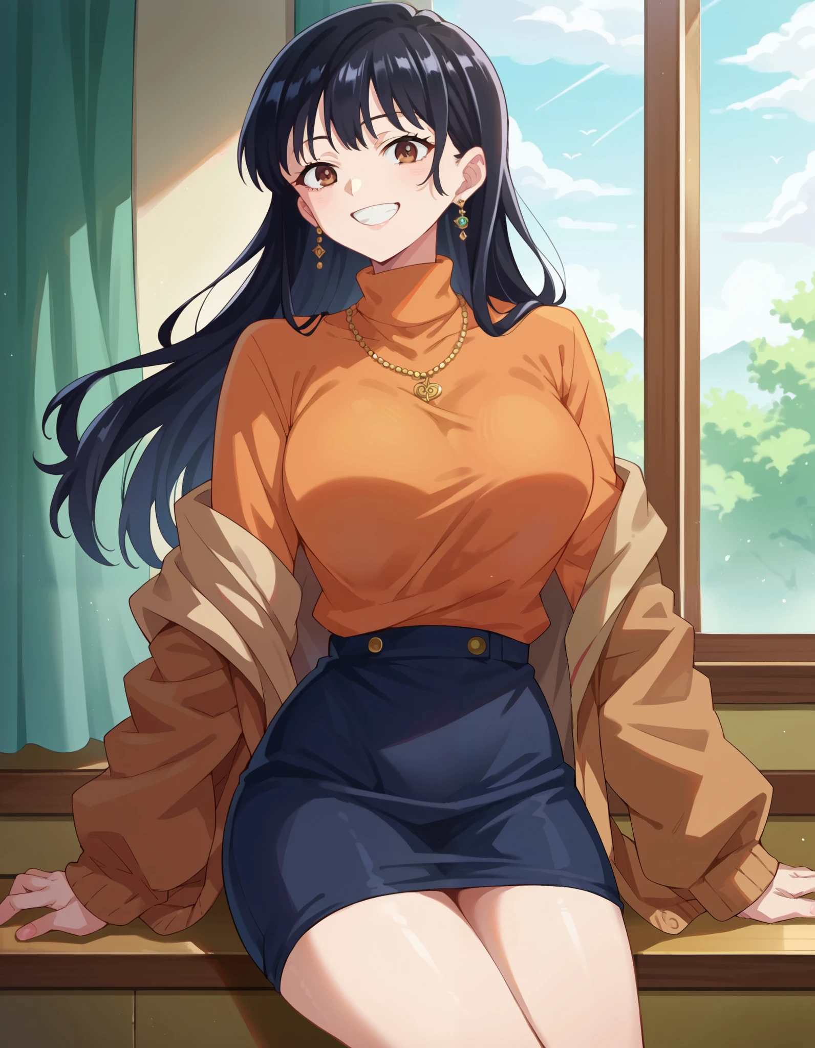 score_9, score_8_up, score_7_up, source_anime, annayamada, anna yamada, 1girl, black hair, breasts, brown eyes, earrings, grin, jewelry, large breasts, long hair, necklace, skirt, smile, solo, thighs, turtleneck
