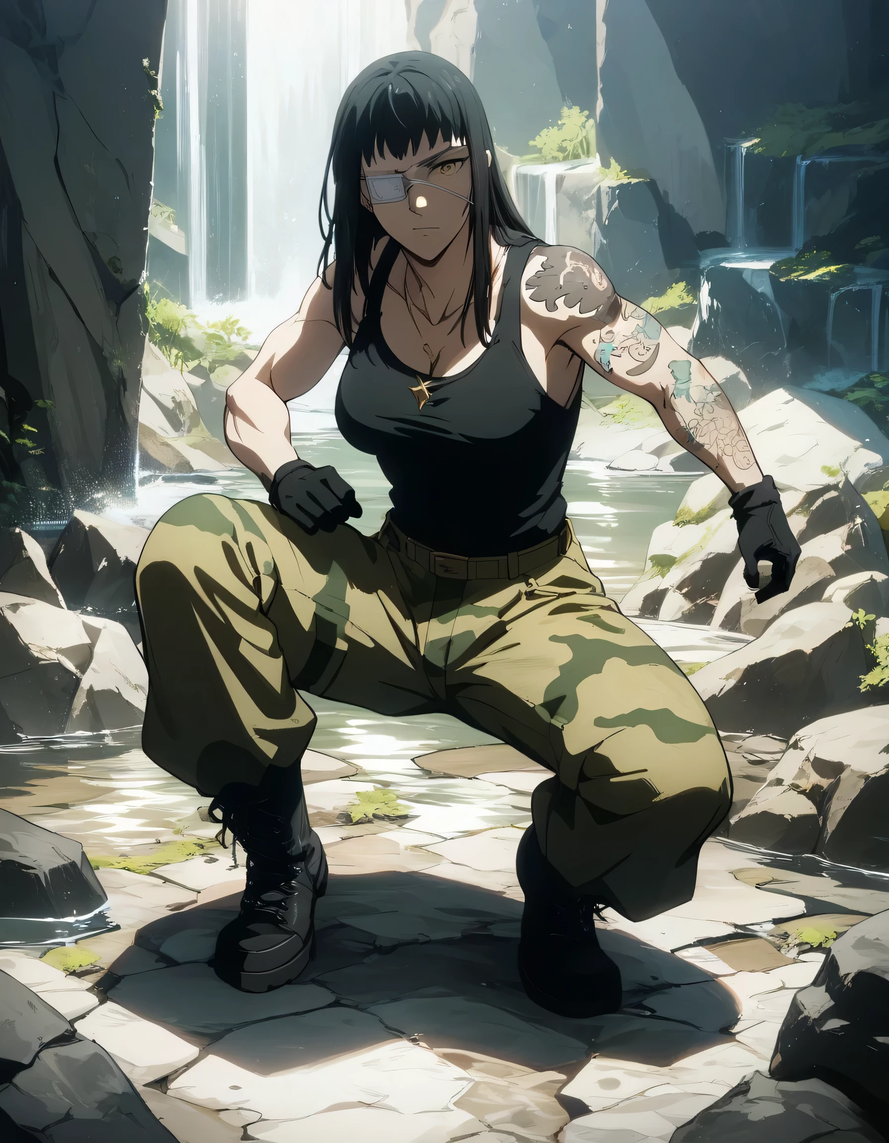 score_9, score_8_up, score_7_up,score_6_up,high resolution,source_anime,s0fiavalm3t,1girl,eyepatch,black hair,long hair,,water,rocks,volumetric lighting,rim lighting,dof,dramatic shadow,full body,dynamic pose,looking at viewer,pov,suspended in air, tattoos on shoulders,wearing military black tank top, gray camouflage camo trousers,black boots,black open gloves,necklace 