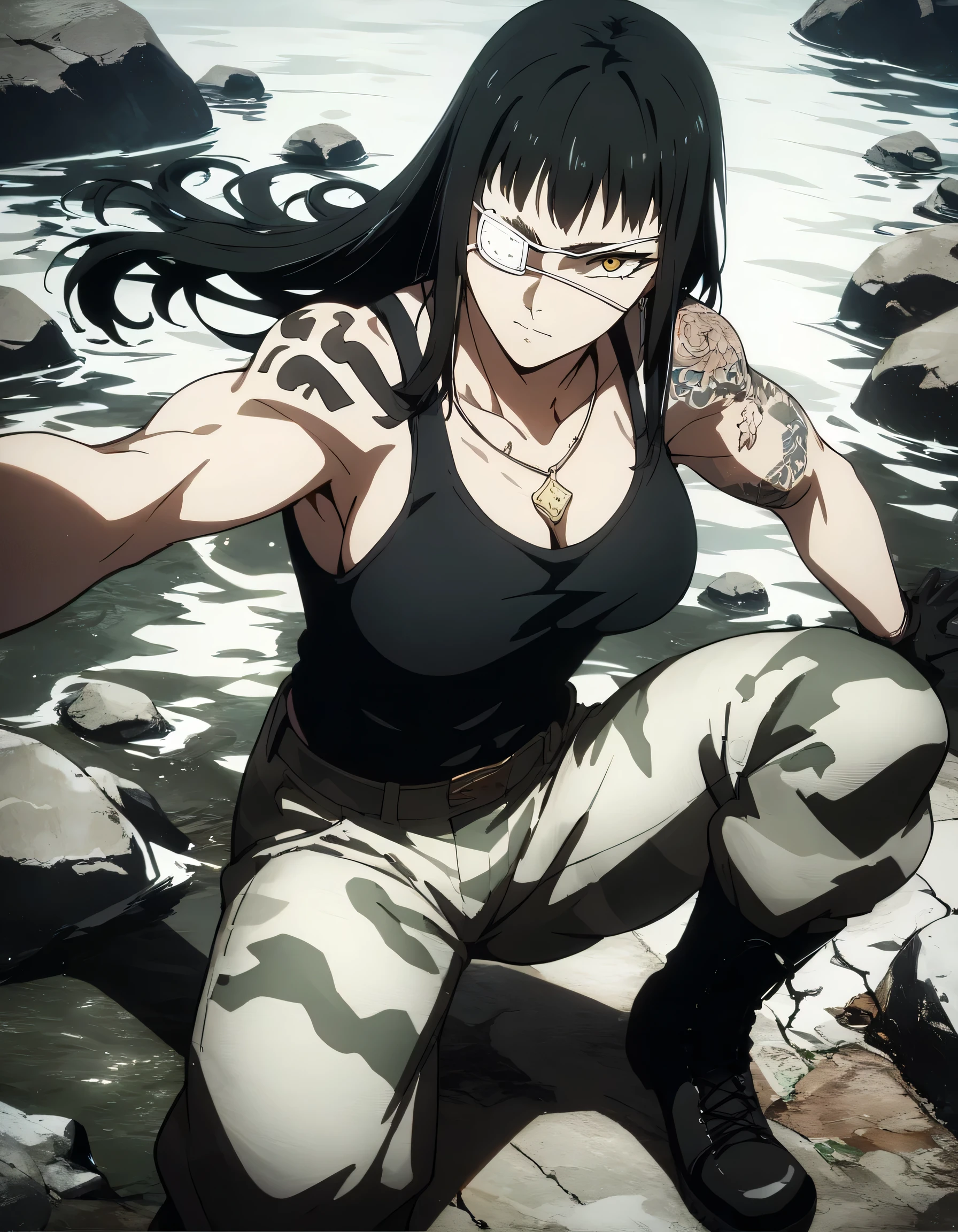 score_9, score_8_up, score_7_up,score_6_up,high resolution,source_anime,s0fiavalm3t,1girl,eyepatch,black hair,long hair,,water,rocks,volumetric lighting,rim lighting,dof,dramatic shadow,full body,dynamic pose,looking at viewer,pov,suspended in air, tattoos on shoulders,wearing military black tank top, gray camouflage camo trousers,black boots,black open gloves,necklace 