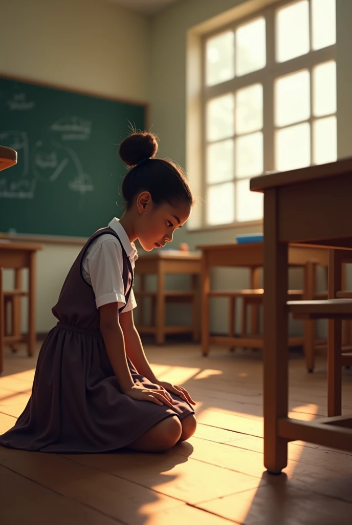 India school girl wearing white shirt and panty kneeling down holding ears in corridor outside class room door face towards the Wall in punishment