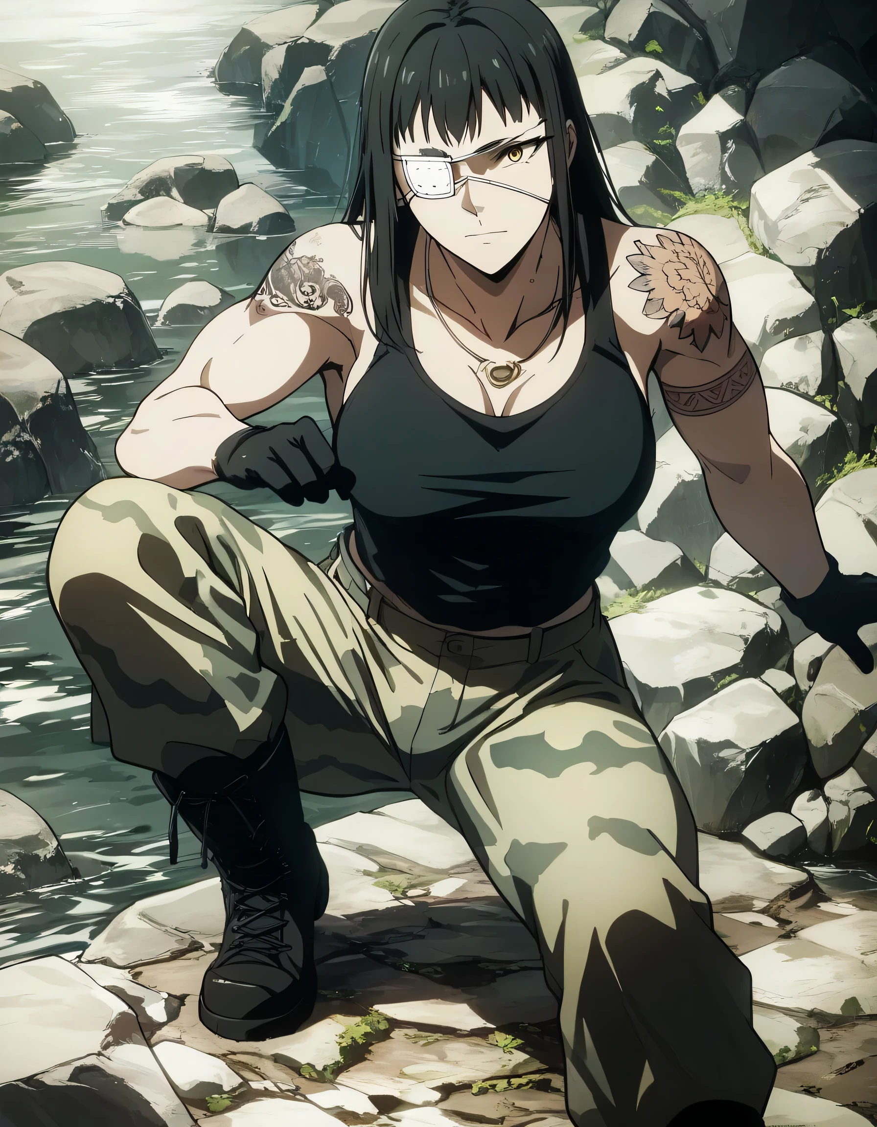 score_9, score_8_up, score_7_up,score_6_up,high resolution,source_anime,s0fiavalm3t,1girl,eyepatch,black hair,long hair,,water,rocks,volumetric lighting,rim lighting,dof,dramatic shadow,full body,dynamic pose,looking at viewer,pov,suspended in air, tattoos on shoulders,wearing military black tank top, gray camouflage camo trousers,black boots,black open gloves,necklace 