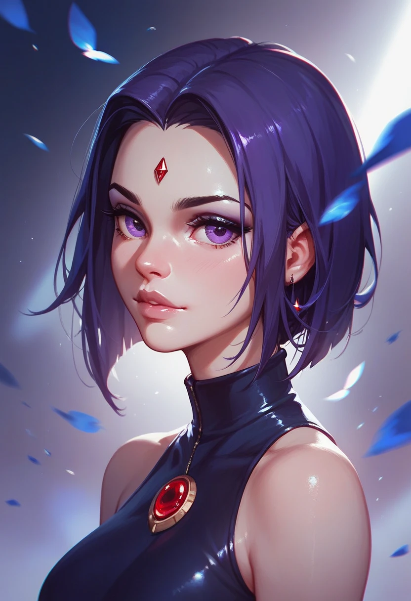 masterpiece, highres, photorealistic, real, best quality, 8k, best quality, realistic, ultra-detailed, perfect lighting, cinematic lighting, female, mature, 1girl, solo, looking at viewer, portrait, city, night, rooftop, city lights, moon, dark, galaxy, skyscrappers, 1girl, raven \(dc\), black leotard, black cape, hood up, purple hair, forehead jewel, purple eyes, short hair, belt,  <lora:CHAR-Raven:0.9>, cleavage,  blue hue,  covered nipples,
