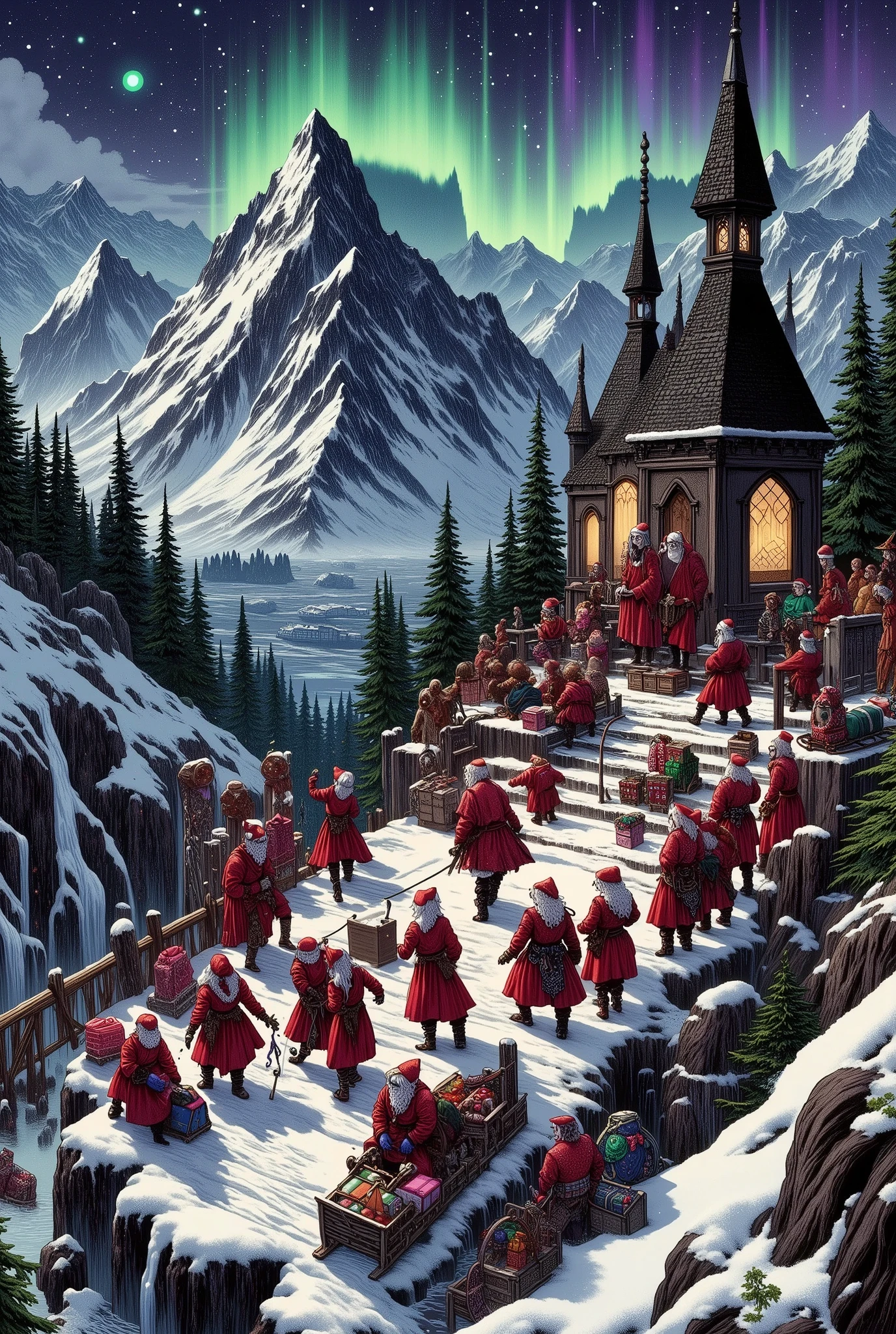 (Ultra-detailed face, Looking away, Fantasy Illustration with Gothic, Rich tone colors.), BREAK 
(This is the village of Santa Claus in a fantasy world. A very cold coniferous forest is near the village, a small waterfall is on a mountainside a short distance away, and a waterwheel can be seen near a stream. In the village of Santa Claus, many Santa Clauses are loading Christmas presents on reindeer-drawn sleds. One Santa Claus is about to load a large present on a wooden crane into his sleigh. In the toy workshop, Santa Claus is making toys. Nearby, boxes filled with toys are scattered about. A cartoon speech bubble is drawn on the screen and says, “Hurry up! Time is running out!” is written on the screen.), BREAK 
The Santa Clauses of Santa Claus Village wear red hats of various designs and red Santa suits. Women wear red Santa dresses. They all wear red fluffy boots.), BREAK 
(The village of Santa Claus at night when the pale moon shines, the green aurora shimmers like a curtain, and shooting stars twinkle. The villagers are busy working in daring poses, making Christmas presents and loading them onto sleds. The perspective is looking down from above at the beautiful snowy landscape with a few snowflakes falling here and there. It is like a panorama.)