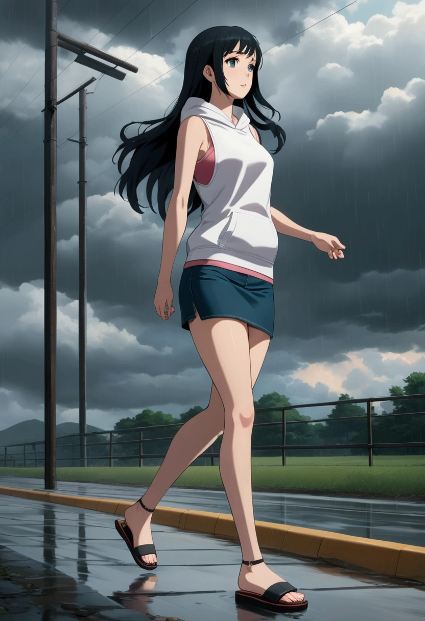 pretty damsel, tall girl, walking outdoor, rainy sky, (+black hair, bangs, long hair), wears white sleeveless hoodie(+exposed undershirt, sleeveless undershirt, pink undershirt, red trims), dark-turquoise denim pencil mini skirt, black sandals, BREAK, (1girl, solo, full body), (best quality,4k,8k,highres,masterpiece:1.2),ultra-detailed,cinematic lighting,moody lighting,dramatic shadows,vibrant colors, (expressive eyes, perfect face, perfect anatomy), brighter lighting