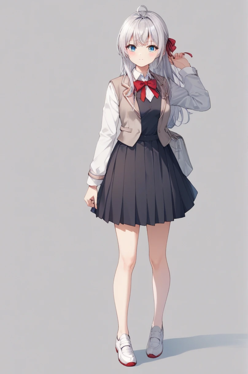  score_9,  score_8_up,  score_7_up,  score_6_up,  score_5_up,  score_4_up, BREAK Source_Anime,  Alisa Mikhailovna Kujo,  blue eyes,  Silver Hair,  long hair, Red hair ribbon,  white shirt,  ,  white shoes , Black vest, School Black Dress ,  detailed background with white knee-high ,  Short Beige Blazer ,  red ribbon,  standing,