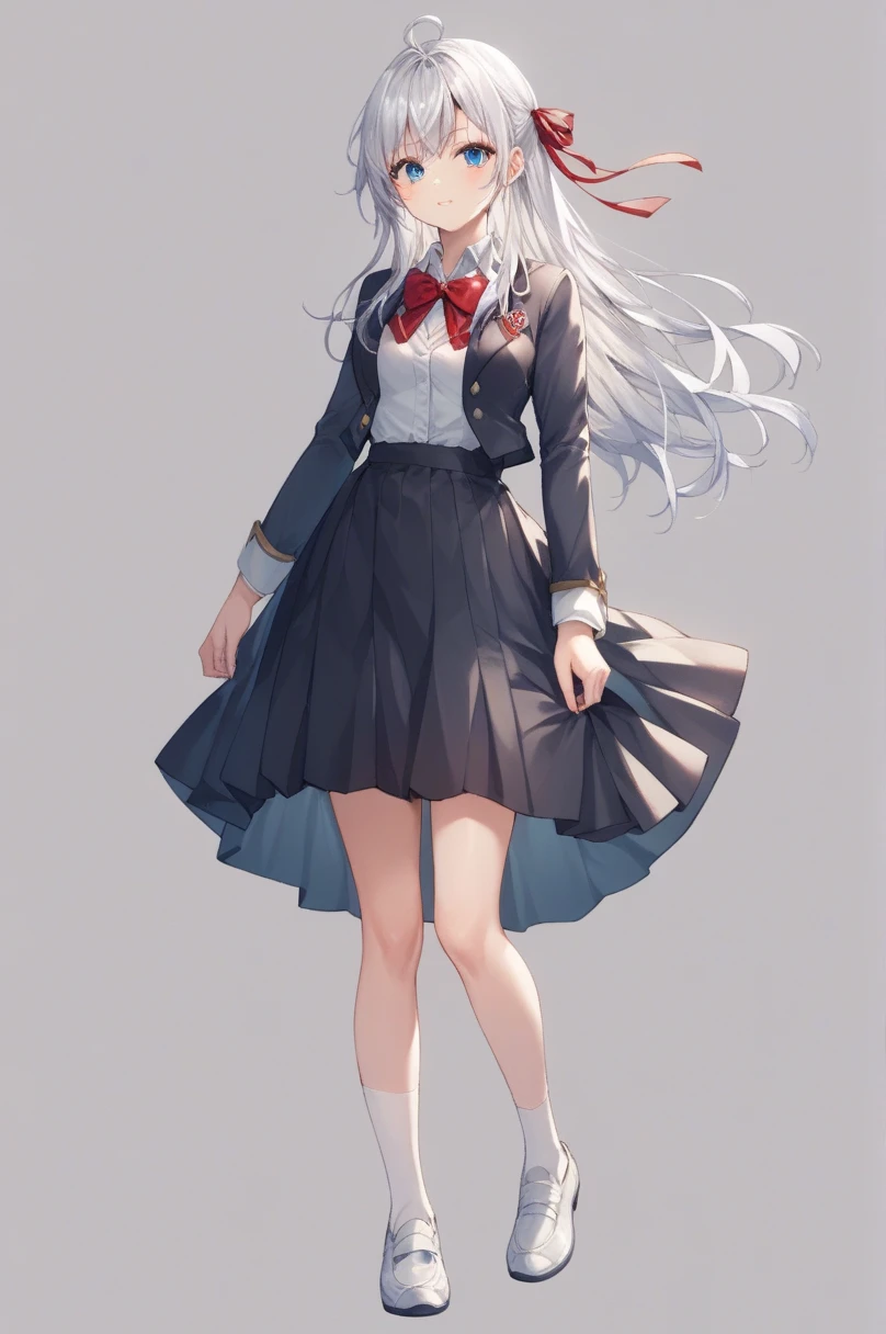  score_9,  score_8_up,  score_7_up,  score_6_up,  score_5_up,  score_4_up, BREAK Source_Anime,  Alisa Mikhailovna Kujo,  blue eyes,  Silver Hair,  long hair, Red hair ribbon,  white shirt,  ,  white shoes , Black vest, School Black Dress ,  detailed background with white knee-high ,  Short Beige Blazer ,  red ribbon,  standing,