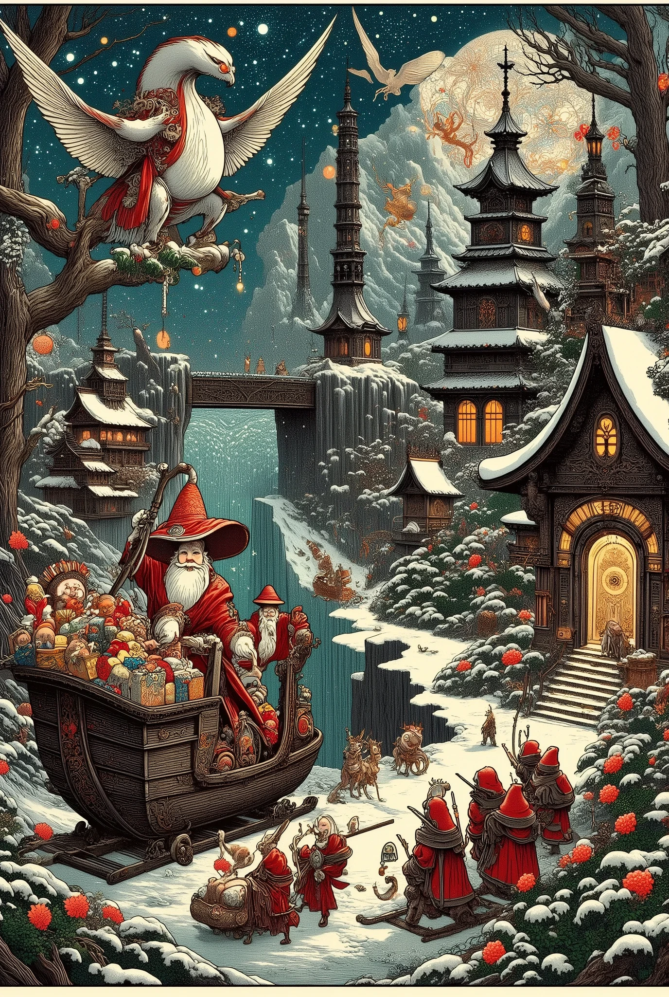 (Ultra-detailed face, Looking away, Fantasy Illustration with Gothic, Rich tone colors.), BREAK 
(This is the village of Santa Claus in a fantasy world. A very cold coniferous forest is near the village, a small waterfall is on a mountainside a short distance away, and a waterwheel can be seen near a stream. In the village of Santa Claus, many Santa Clauses are loading Christmas presents on reindeer-drawn sleds. One Santa Claus is about to load a large present on a wooden crane into his sleigh. In the toy workshop, Santa Claus is making toys. Nearby, boxes filled with toys are scattered about. A cartoon speech bubble is drawn on the screen and says, “Hurry up! Time is running out!” is written on the screen.), BREAK 
The Santa Clauses of Santa Claus Village wear red hats of various designs and red Santa suits. Women wear red Santa dresses. They all wear red fluffy boots.), BREAK 
(The village of Santa Claus at night when the pale moon shines, the green aurora shimmers like a curtain, and shooting stars twinkle. The villagers are busy working in daring poses, making Christmas presents and loading them onto sleds. The perspective is looking down from above at the beautiful snowy landscape with a few snowflakes falling here and there. It is like a panorama.)