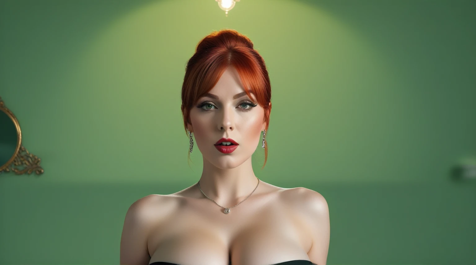 (masterpiece), (best quality), (ultra detailed),(vibrant red hair),(illustration), (1woman), standing, Fashion model, looking at viewer, (sexy), (high cheek bones) (detailed background),beautiful detailed eyes, silver necklace, delicate beautiful face,(high saturation), red hair, green eyes, pale skin, busty boobs, busty cleavage, thicc, curvy hips, sexy attire, sexy pose, whip in hand, cuck queen, domme, dominatrix, thick thighs, curvaceous woman