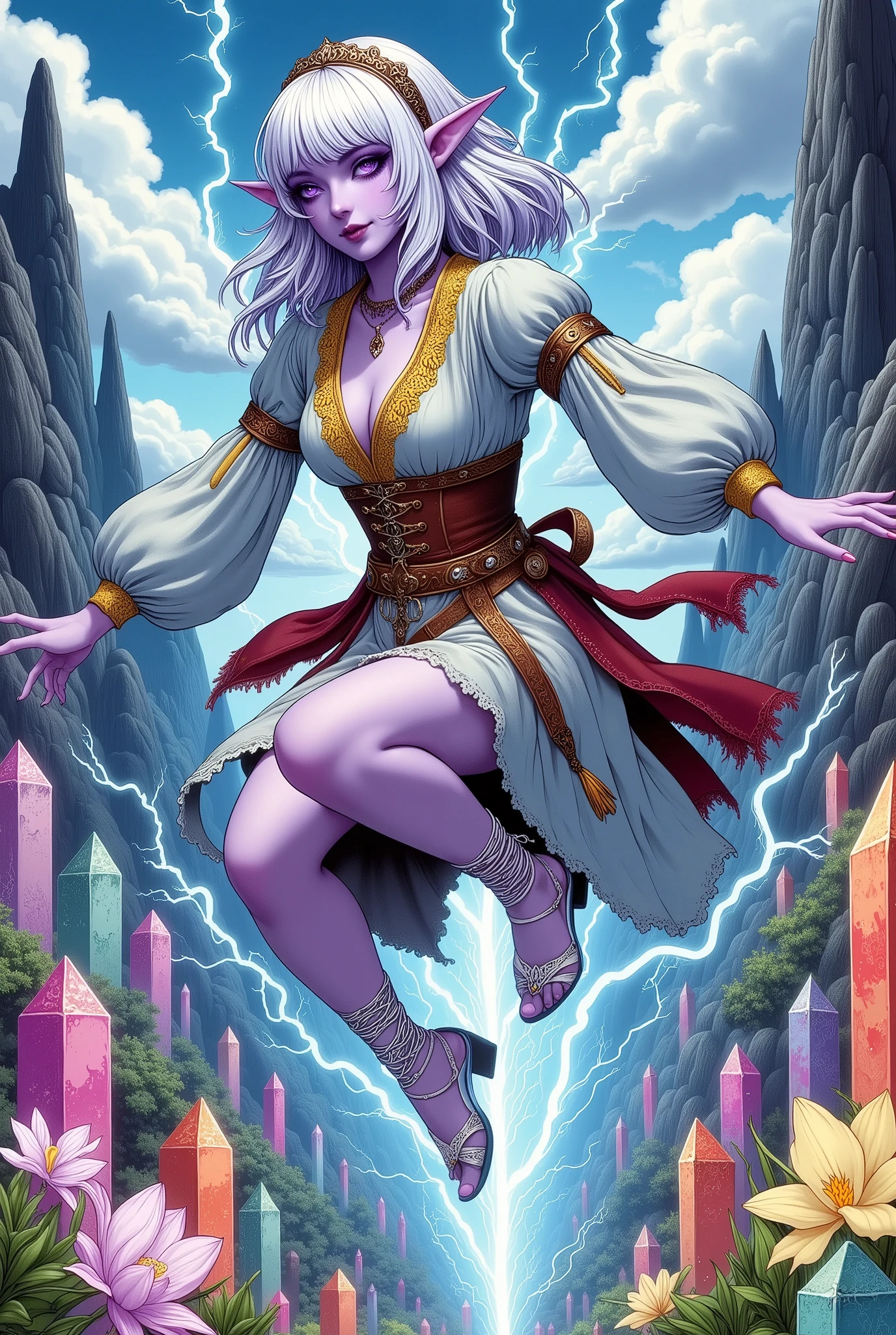 (Ultra-detailed face, Looking away, Fantasy Illustration with Gothic, Dark tone colors.), BREAK 
(A world where everything in the world has electricity and emits plasma. A female Dark Elven Sorceress takes the form of an Air Servant, herself an elemental of electricity. She somersaults elegantly like a light falcon among the great rocks of rainbow-colored crystals floating in the air. Plasma is flying between the crystal boulders. The female sorceress has a daring sexy pose and a sleepy sexy look on her face.), BREAK 
(A young female dark elf sorceress has white hair, white eyebrows, blunt bangs, waist-length long messy hair, lavender eyes, small pink lips, dark purple skin, and thick blue lamé eyeliner.), BREAK 
(The female dark elf sorceress wears a tiara made of crystal and a medieval-style lace-up dress of light blue draped transparent fabric with yellow trim and red lace ruffles. She wears a wide blackcurrant sash around her waist and an archaic dagger at her hip. She wears white laced sandals that emit electric shocks.), BREAK 
(The air is blue-white, the sun shining, fluttering and electricity dancing in the wings. He is far above the ground, in a place where crystal rocks float in the air.)