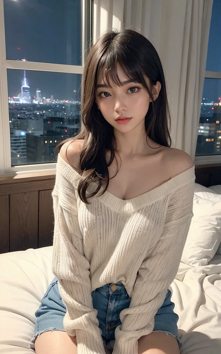 1 girl, striped hair, light brown hair, bangs, long hair, floating hair, aqua eye, 瞳孔がshine, compensate, blush, smile, verism, hyper realism, modern art, Expressionism, modern, surrealism, chiaroscuro, shine, Landscape, wide shot, wide angle, f/1.2, 135mm, nikon, UHD, retina, masterpiece, Accurate, anatomically correct, rough skin, Super detailed, advanced details, high quality, 最high quality, High resolution, 1080P, HD, 4K, 8K( Girl lying on bed)，1 girl、charming eyes，Heartwarming action，Turn your face away from the camera，bent down，bend over，turn back，Look up at your head，thick and long black hair，highly detailed body，highly detailed face，最high quality,(high school girl),((Off-shoulder translucent white blouse)),(Cleavage coordination),((navy check flare skirt)),(black stockings)、(White lace panties are visible),