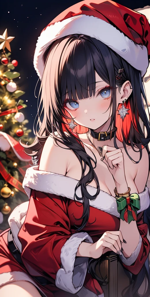 (shiny navy hair),(pigtails),(Pink eyes),(With bangs),(Inside the store at night with beautiful illuminations:1.3),(A room lit by a fireplace or candlelight:1.3),((Christmas tree)),(Luxurious and voluminous Santa-style dress:1.4),(lace up costume),(Body Wrapping:1.6),((Hug me to hide your chest)),(white fluffy underwear),Smile,Slight red tide,(Kamimei),(red and gold and silver and black:1.25),(Red Ribbon:1.35),(close up of face:1.45),(front view:1.4),