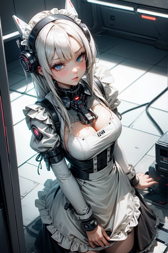 masterpiece, best quality, ultra-detailed, glistening shiny, glowing light, ray tracing, HDR, deph of field, (perfect face, detailed face, detailed eyes), 8k,HD,ultra realistic face, ray tracing, perfect lighting, best quality, ultra-detailed, High resolution, 1girl, Full body, Description Girls, detail hands, Detail fingers, Detail Face, cute face, detail legs, overdetailed art, Fine details, medium breasts, medium ass, 8k, masterpiece, sit on floor, ((white room)), ((machine)), (power cord), emotionless, white surgical gown, (sfw), white hair, long hair, red eyes, white skin, (((bloody)))